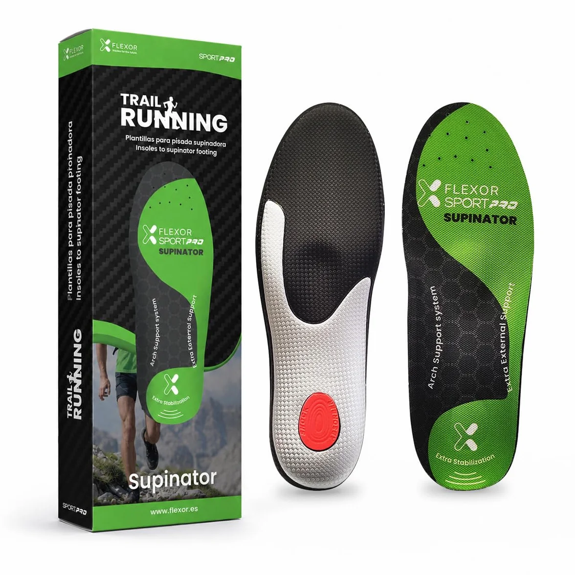 Flexor Plantillas Pro Trail Running Pie Supinador Talla 46 Verde Soporte Arco Plantar Tecnología Gel Absorción Impacto