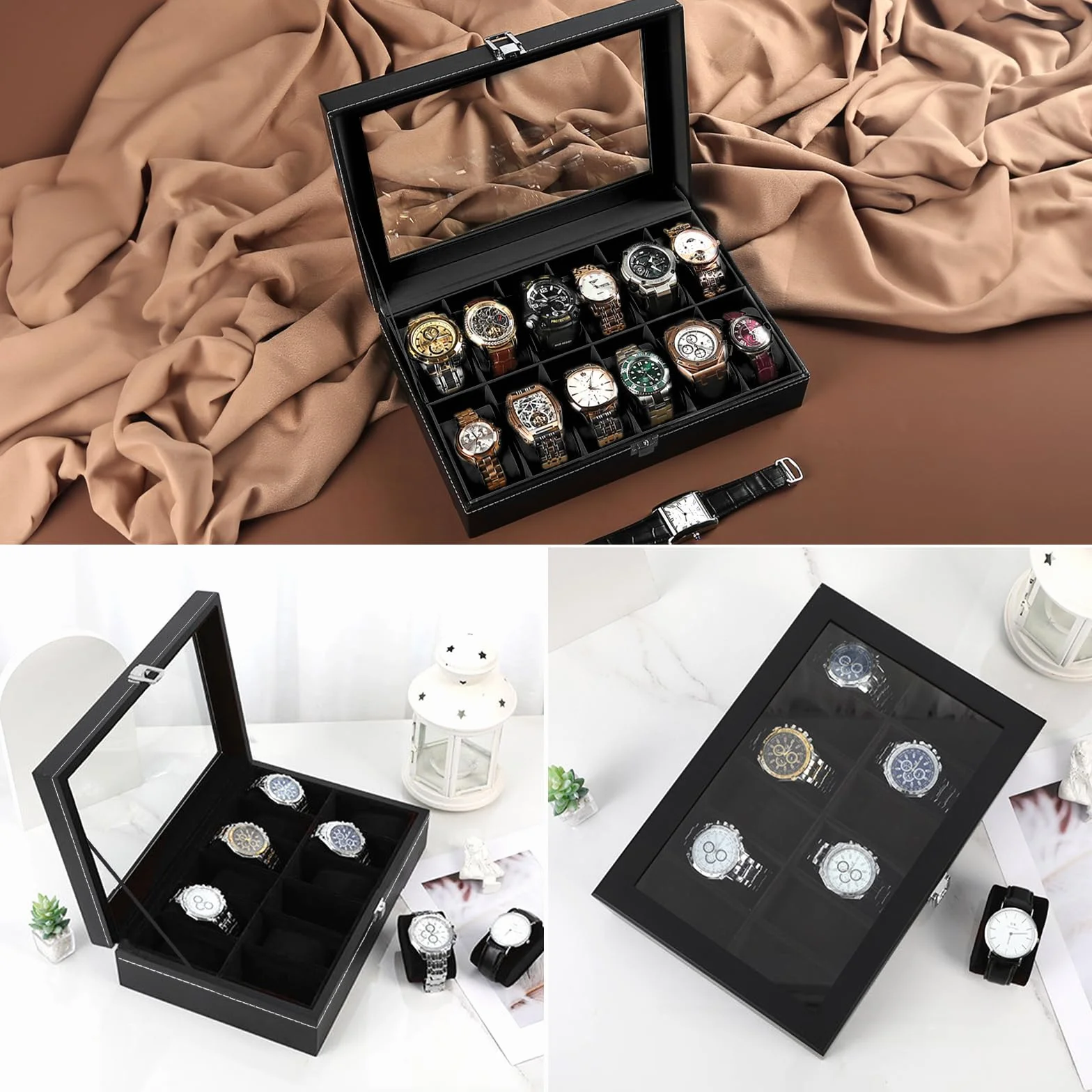 Estuche Relojes 12 Compartimentos Organizador Piel Sintética Almohadilla Extraíble Negro