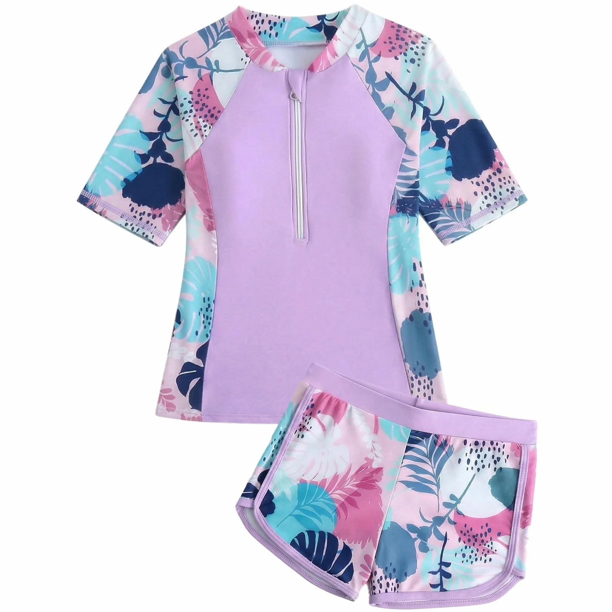Niñas Traje de Baño 2 Piezas Manga Corta Protección Solar, Secado Rápido Estampado Top con Cremallera y Shorts, Elástico Rash Guard Playa Piscina Bañador Ropa para 5-14 Años