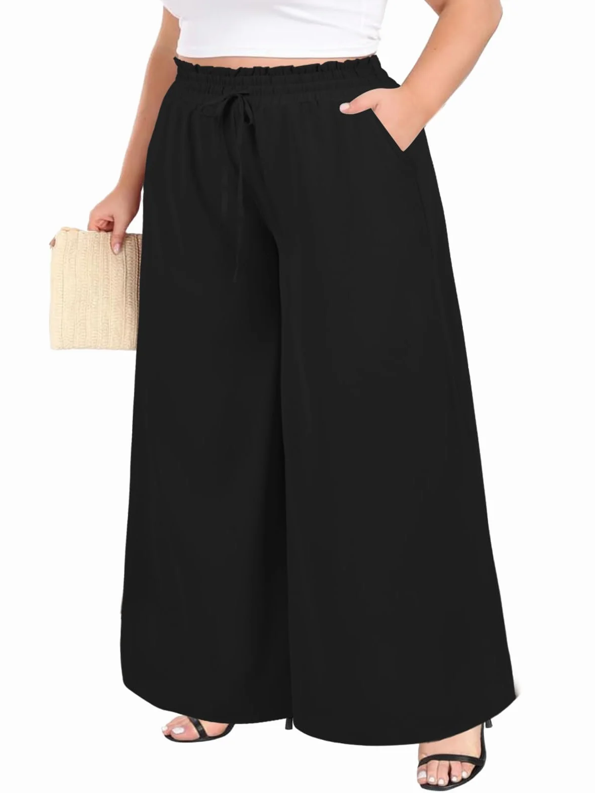 Moon Wood Pantalones Palazzo Mujer Talla Grande Cintura Alta Elástico Verano