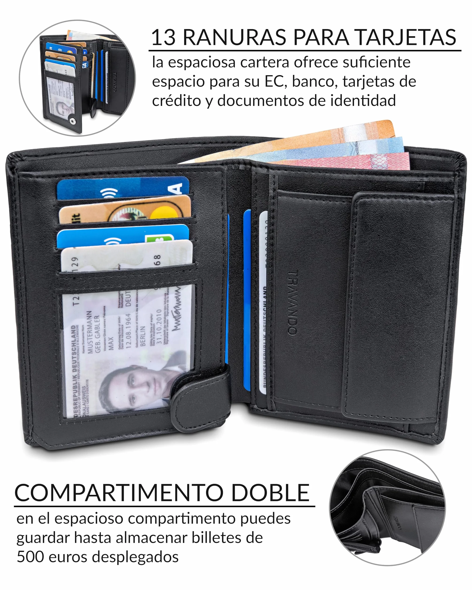TRAVANDO Cartera Hombre Dublin con Bloqueador RFID Billetera Negra Tarjetero Monedero