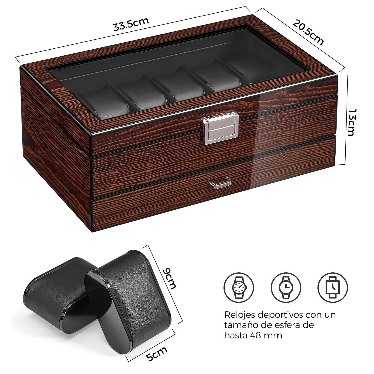 BEWISHOME Caja para 12 relojes de lujo con tapa de cristal y bisagra de metal, marrón