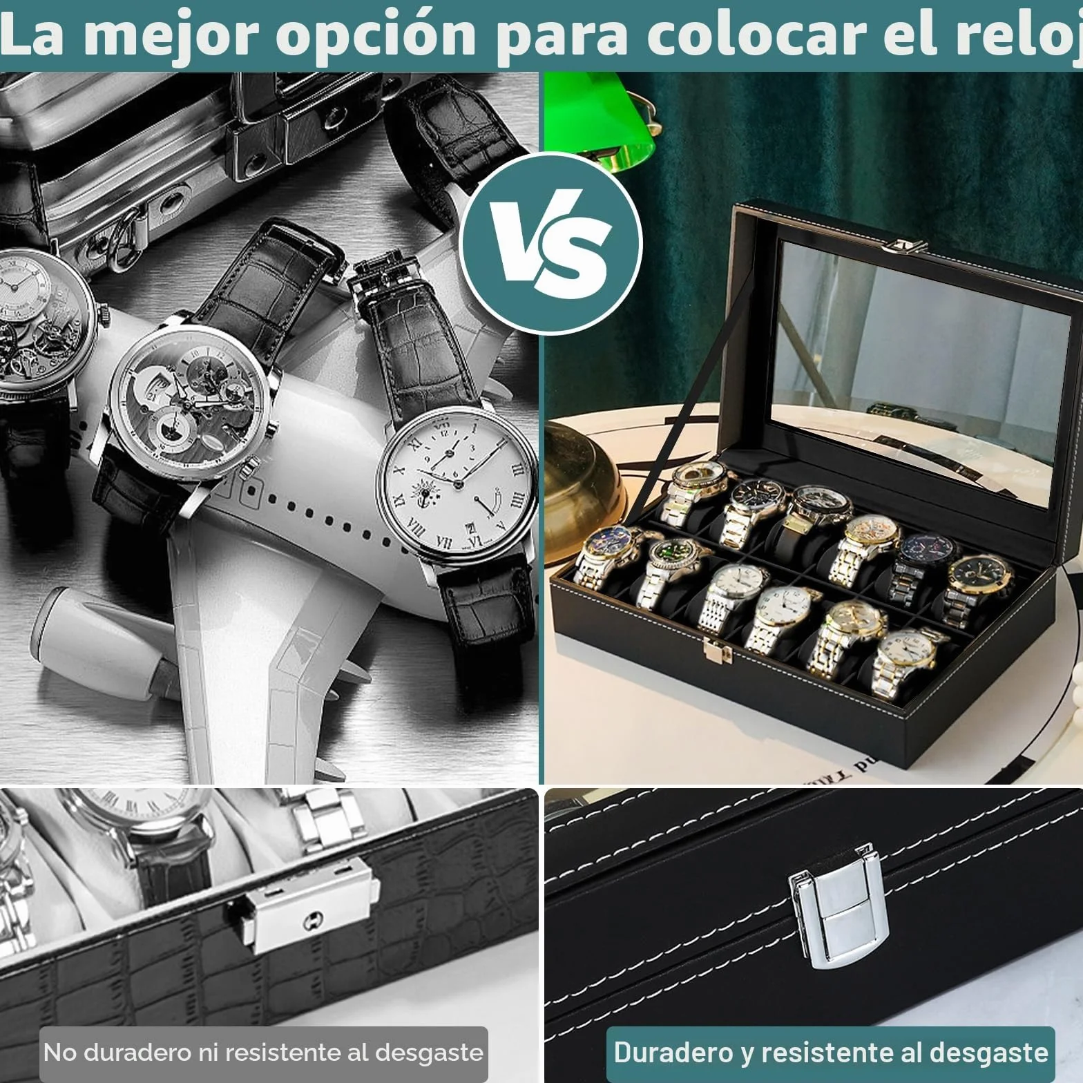 Estuche Relojes 12 Compartimentos Organizador Piel Sintética Almohadilla Extraíble Negro
