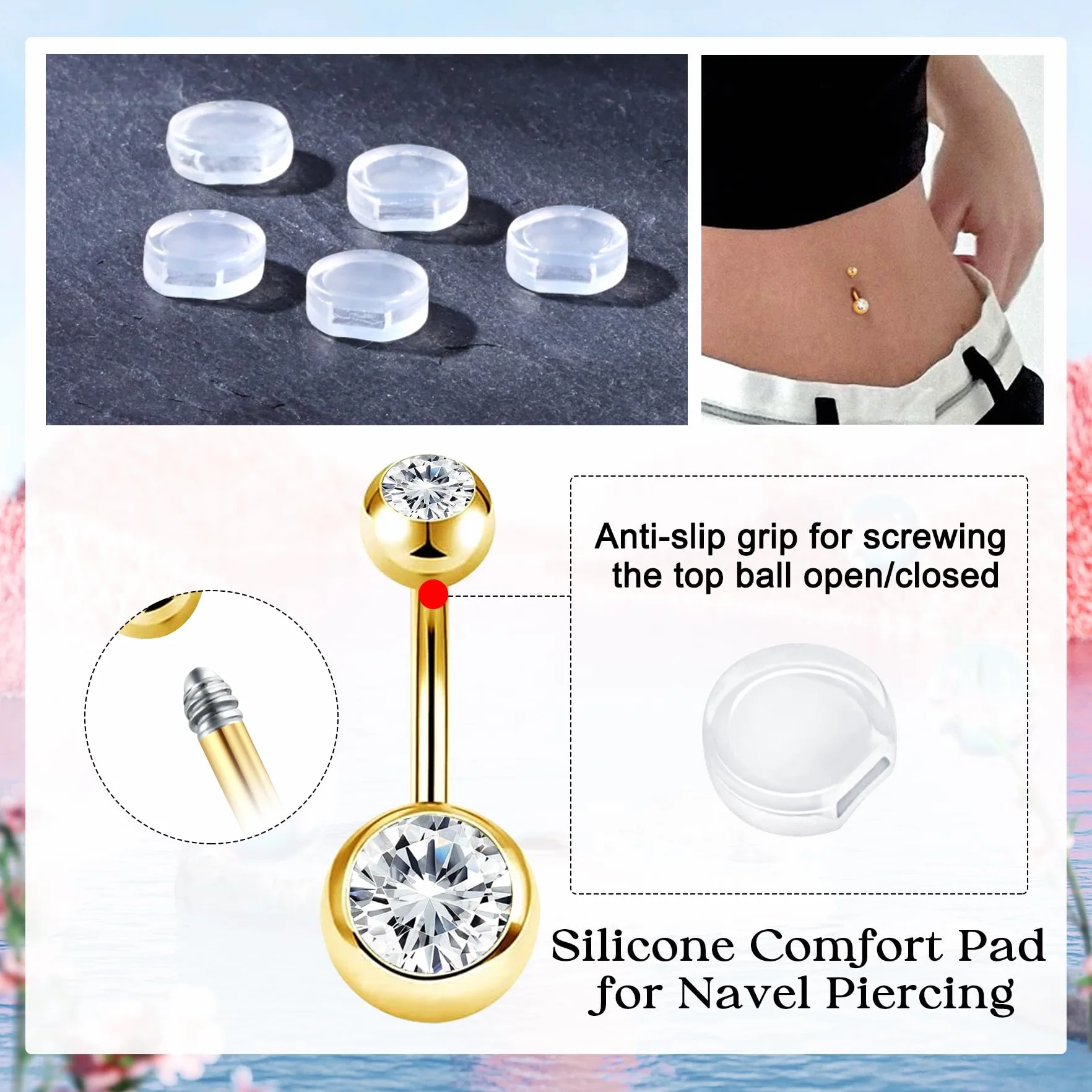 AceFun 2 piezas piercing ombligo acero quirúrgico 6mm-16mm oro plata con fundas silicona antideslizantes CZ rosca exterior
