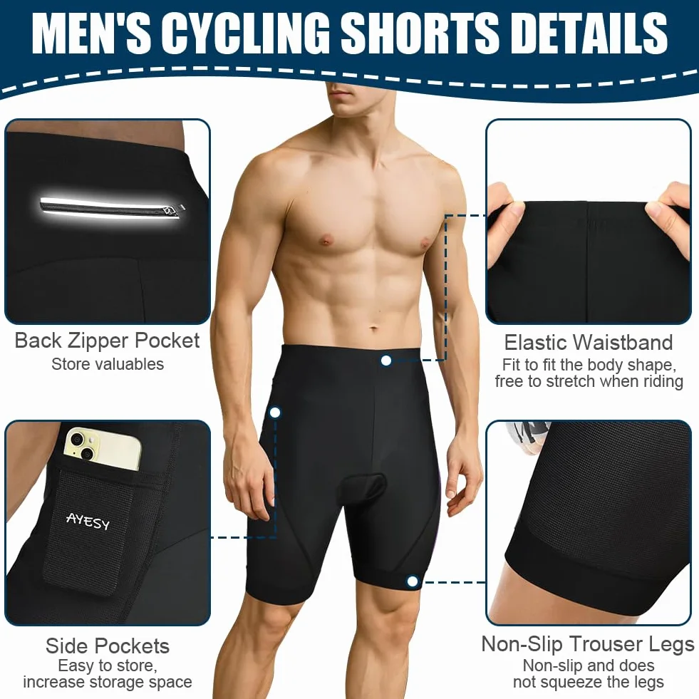 Culotte Ciclismo Hombre Pantalones Cortos Compresión 3D Acolchados 3 Bolsillos Transpirable Secado Rápido MTB Bicicleta