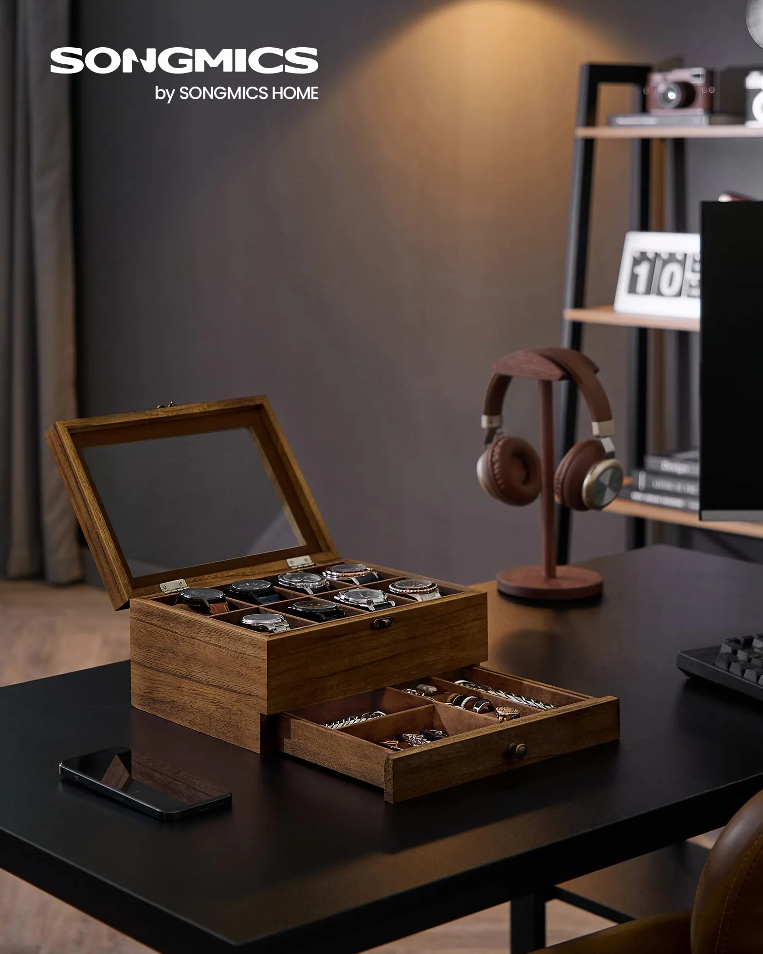 SONGMICS GISELLA Caja de Relojes 8 Ranuras Estuche Madera 2 Niveles Tapa Cristal Nogal Rústico