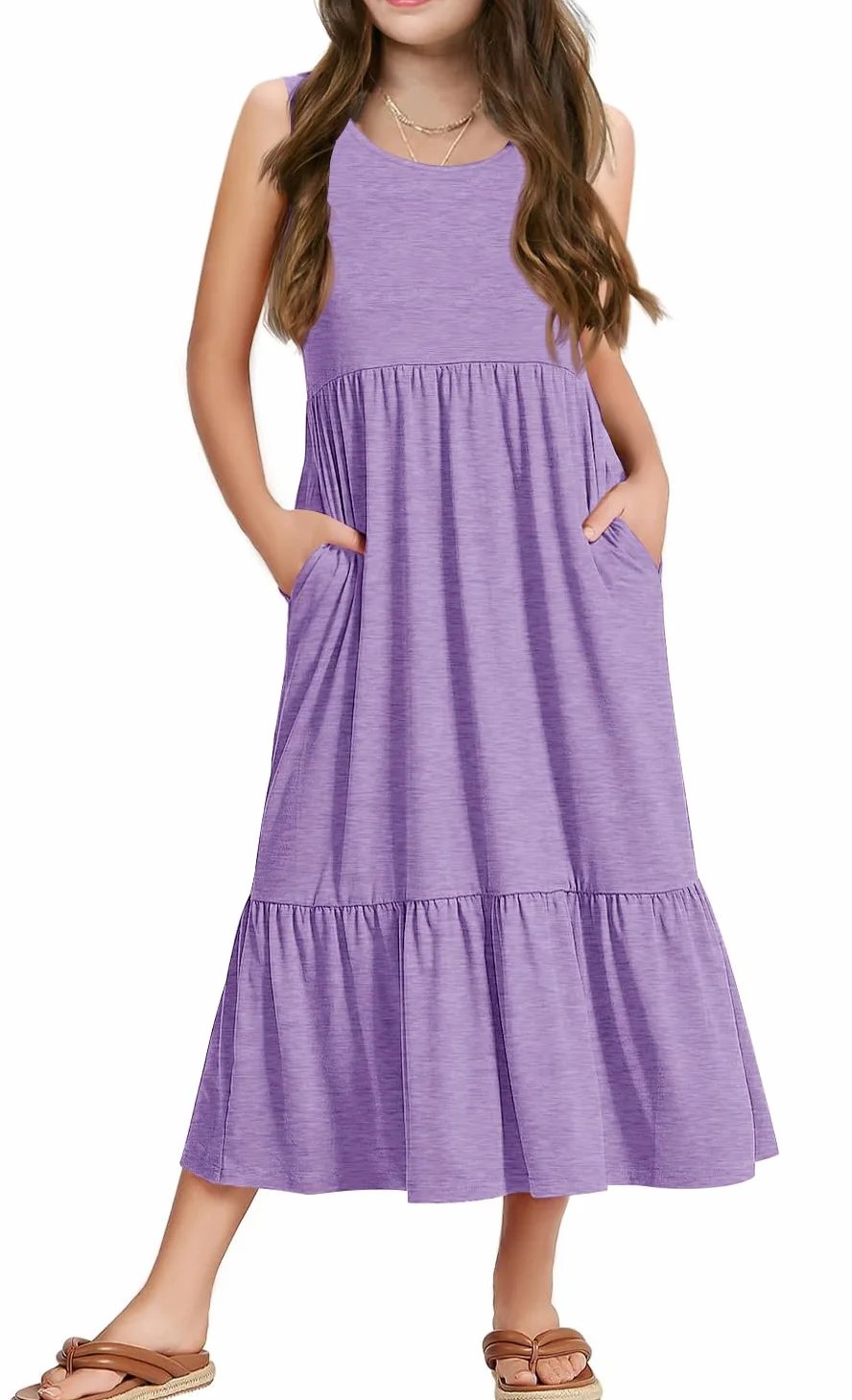 Vestidos de niña de verano sin mangas cuello redondo tirantes casual largo