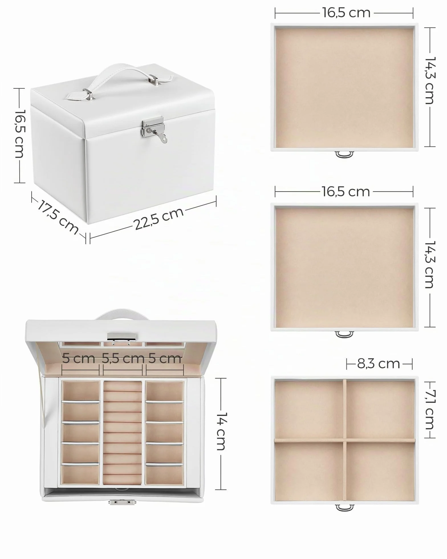 SONGMICS Caja Joyero de 4 Niveles con Asa, 3 Cajones, Espejo, Cerradura, Blanco Nube y Beige Arena JBC159W01