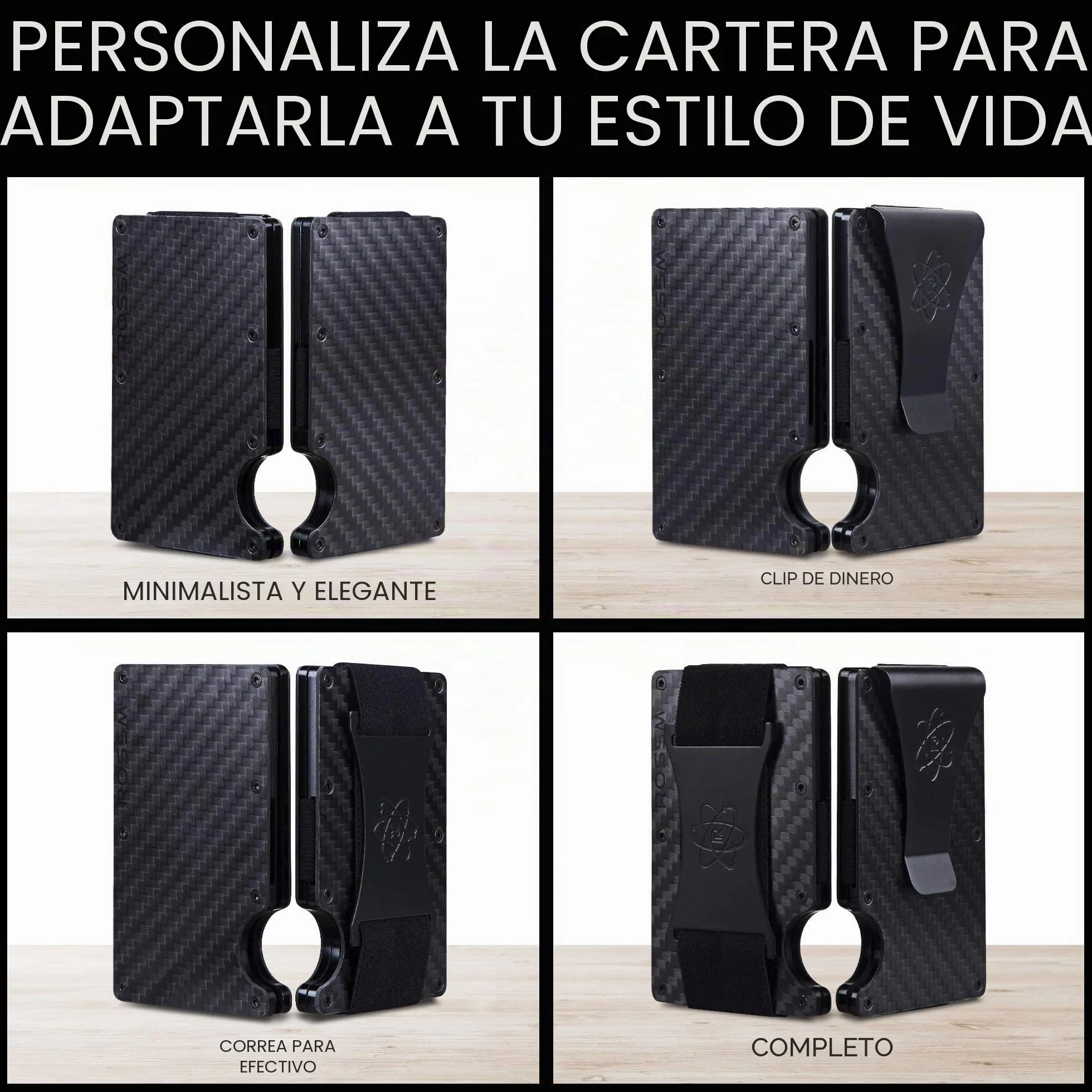ROSSM Tarjetero Hombre Bloqueo RFID Cartera Minimalista Carbono Metalica Pinza Banda Elástica