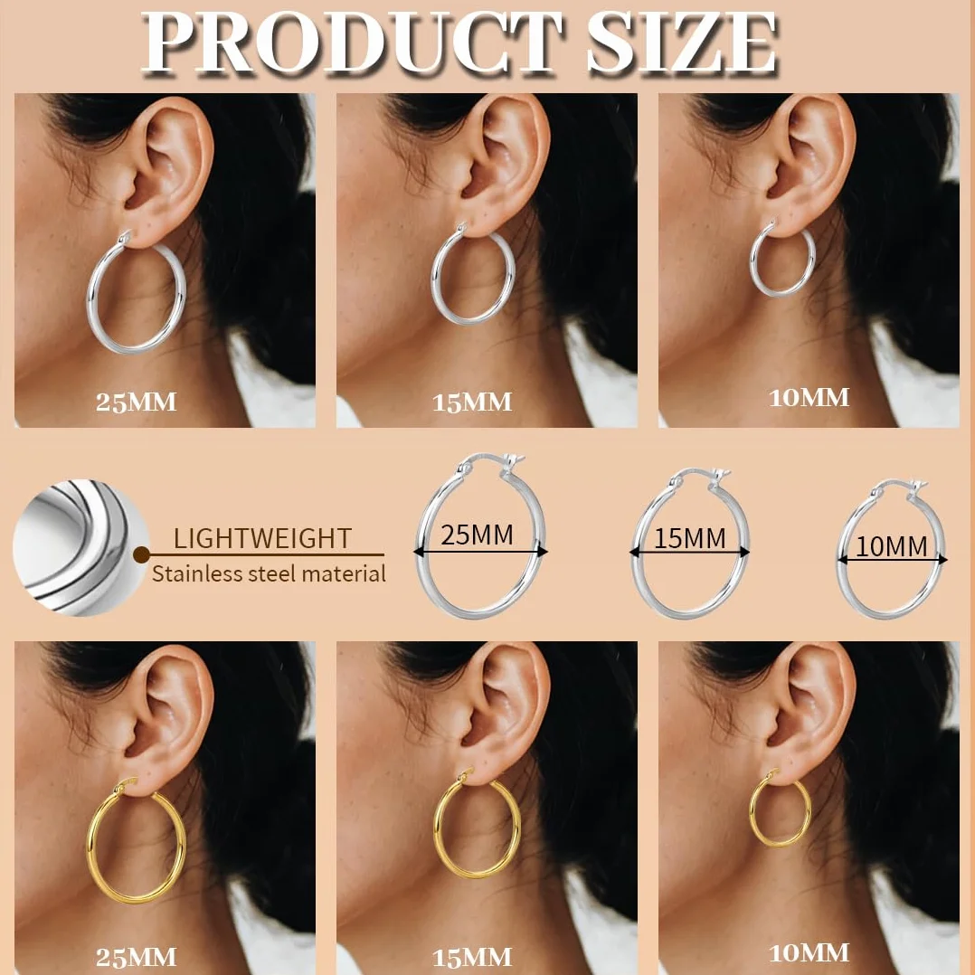 Aros de Acero Inoxidable Hipoalergénicos - 6 Pares Plata/Oro, Tallas 10/15/25mm para DIY Joyas