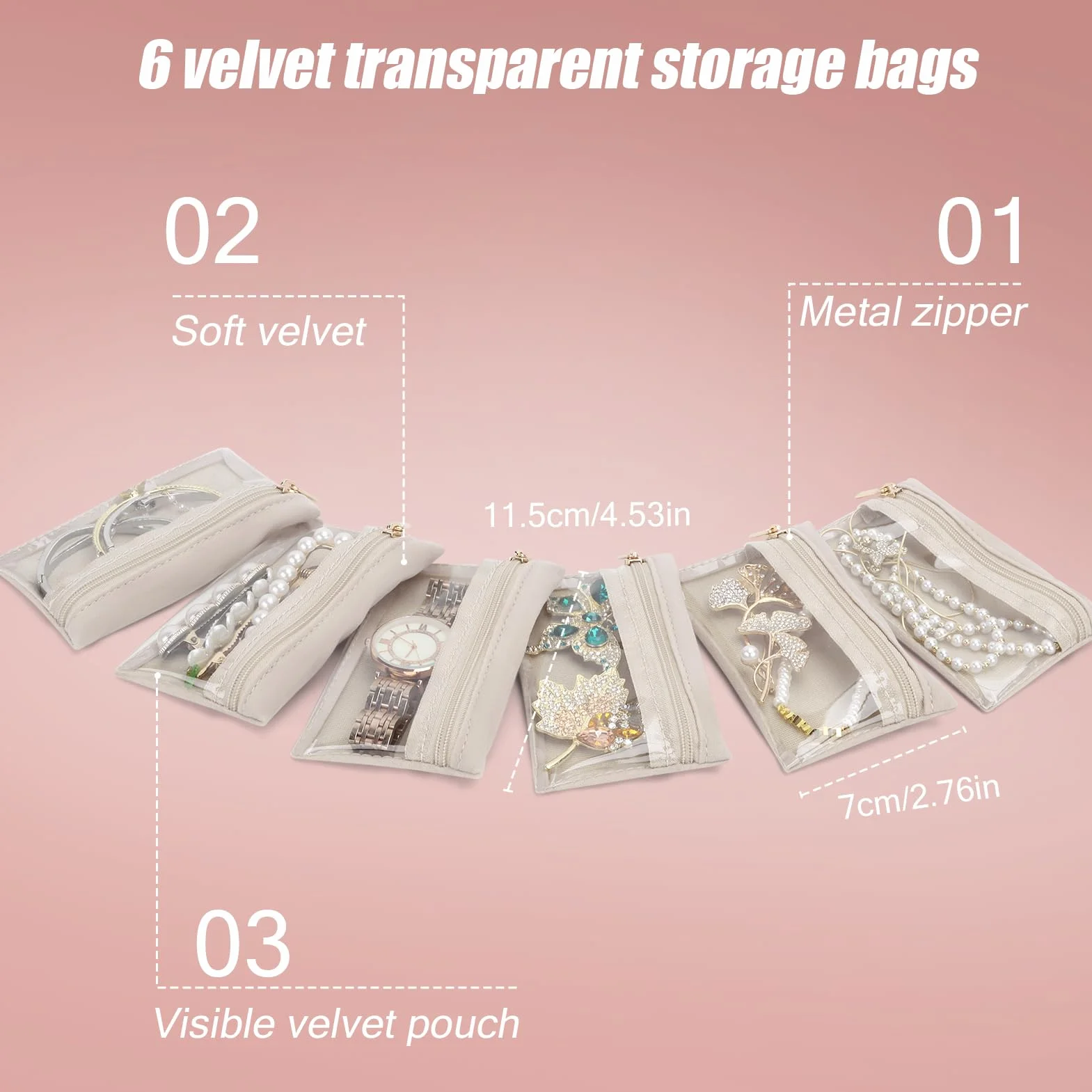DesignSter Estuche Organizador de Viaje para Joyas, Joyero Pequeño de Poliuretano con 6 Bolsillos Transparentes, Almacenamiento para Aretes y Anillos