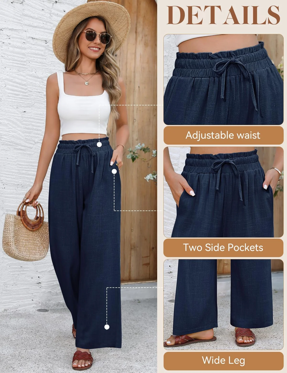 Pantalones Mujer Verano Lino Algodón Cintura Alta Elástica Anchos Casual