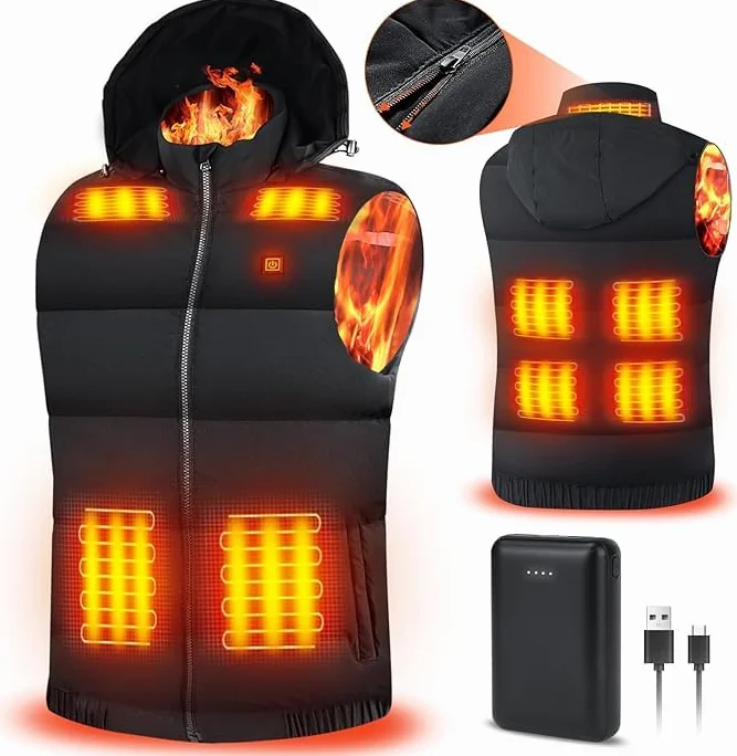 Chaleco calefactable hombre con batería 10000mAh, chaqueta sin mangas, 3 niveles de calor + 9 zonas