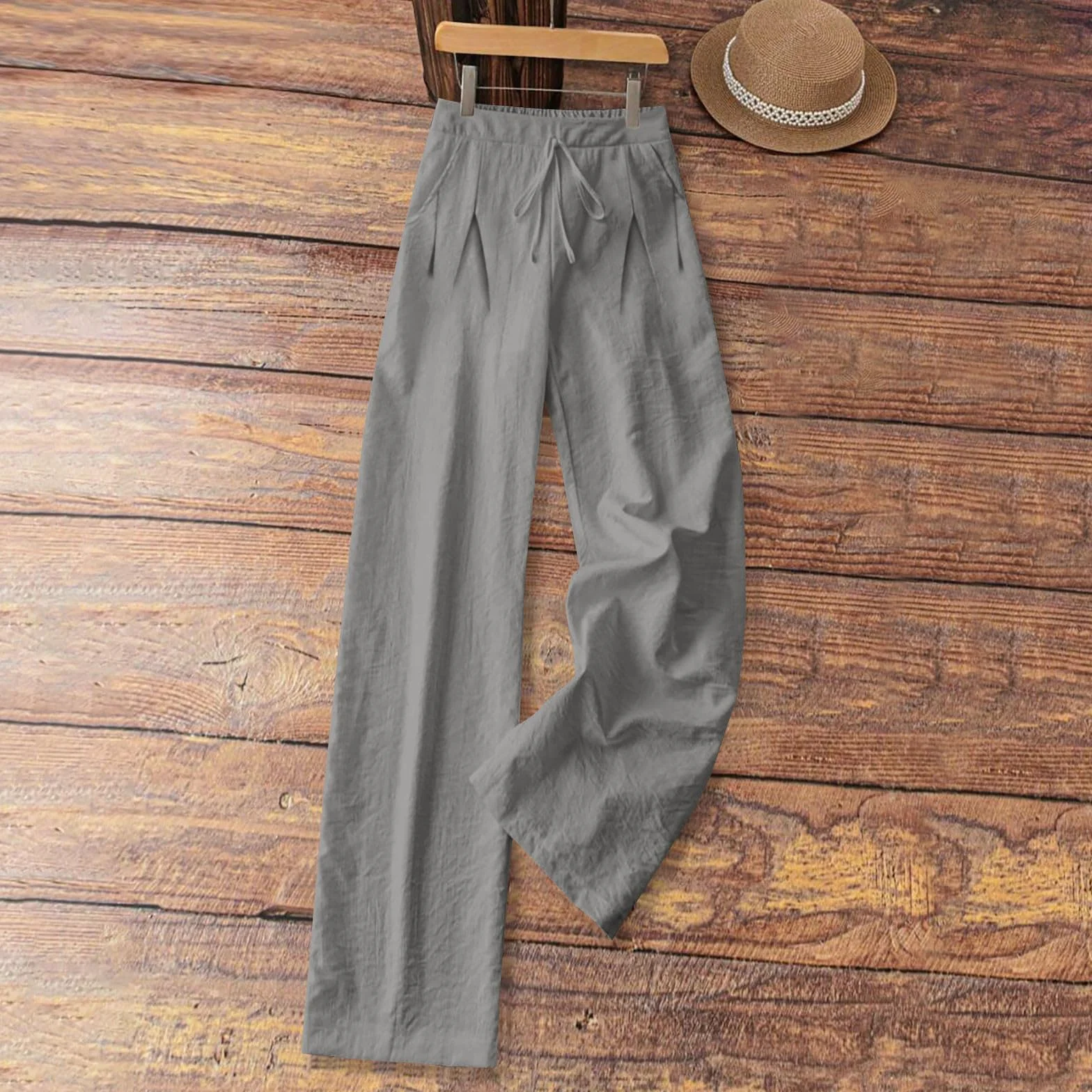 Pantalones de Lino Mujer Algodón Cintura Elástica Cordón Pierna Ancha Rectos Cómodos Transpirables Playa