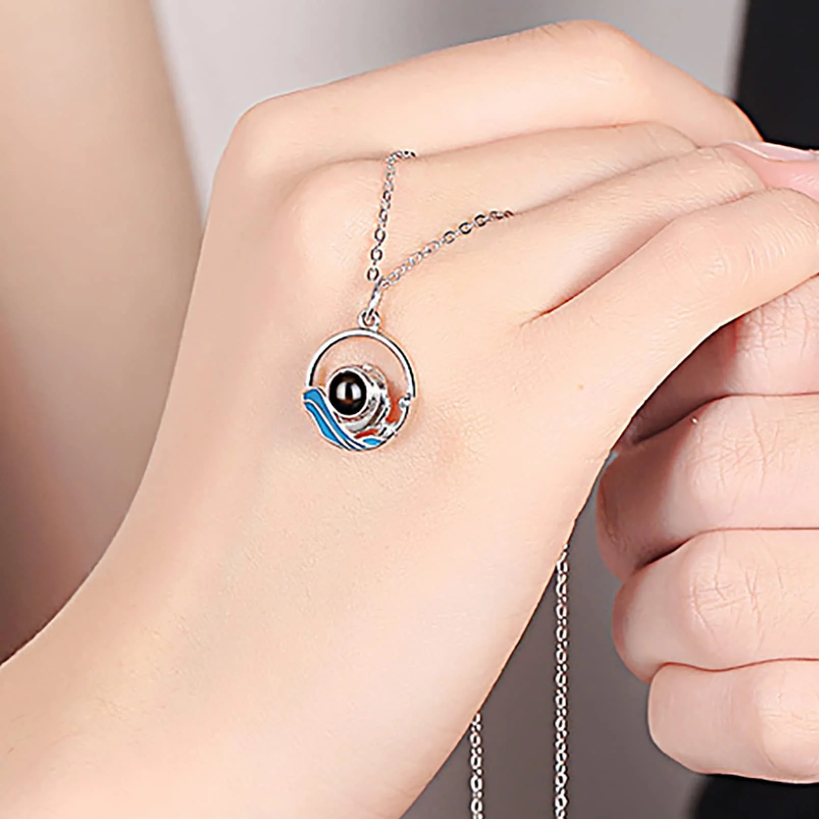 Collar de montaña con foto personalizada colgante de ola oceánica joyería de pareja