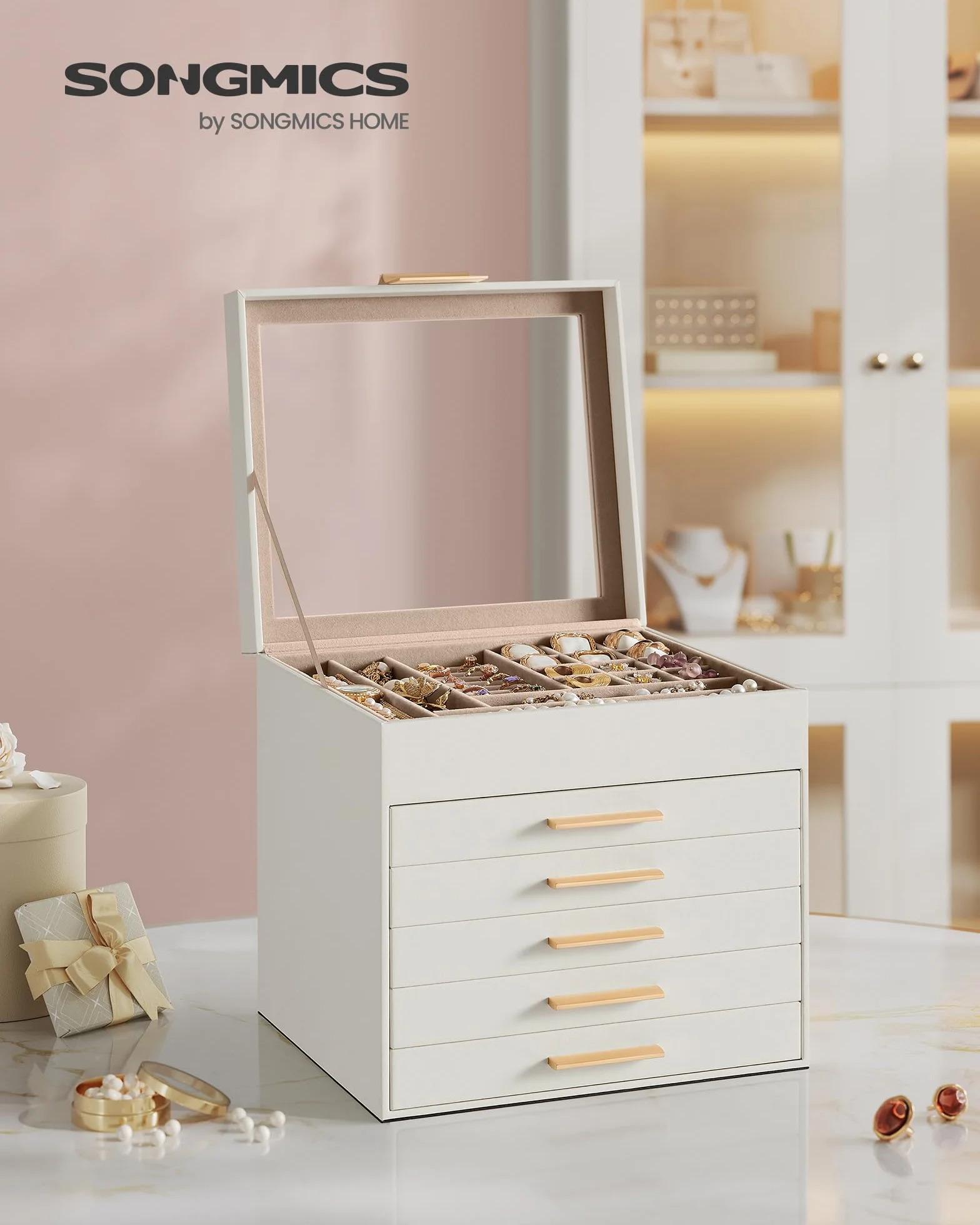 SONGMICS GISELLA Caja de Joyas 6 Niveles 5 Cajones 20,3x23,1x22,8 cm Blanco Nube y Dorado