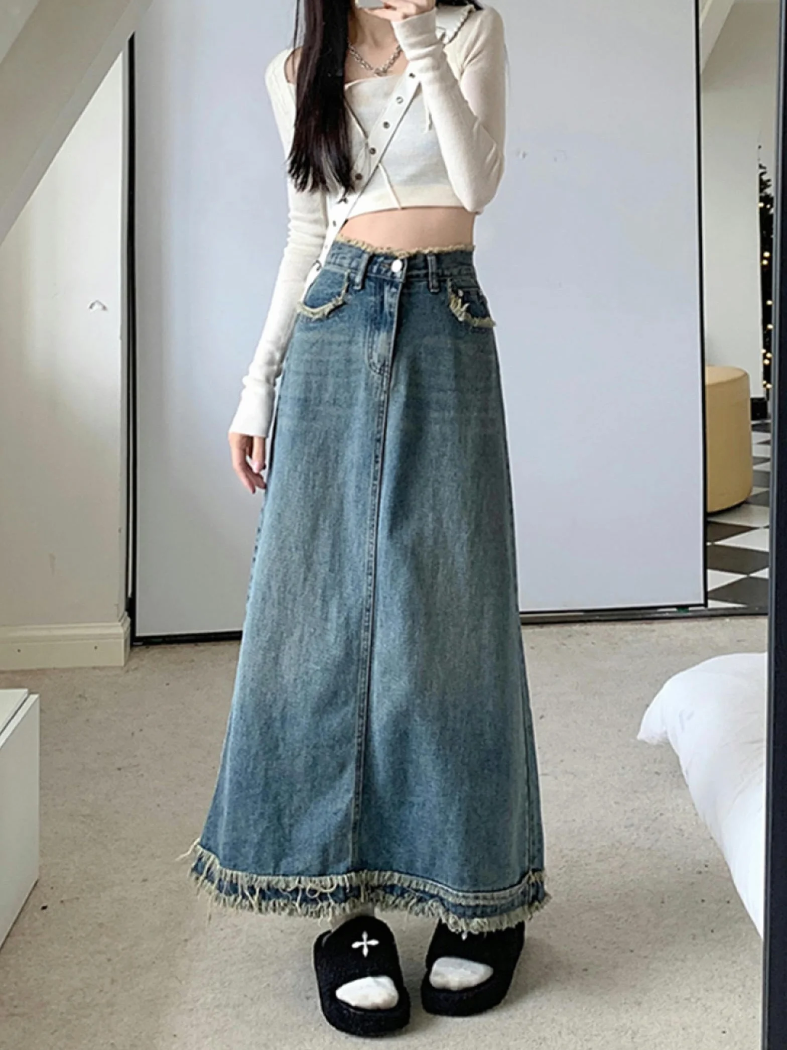 Falda Larga Vintage Azul Mujer Otoño Invierno Cintura Alta Paraguas Borde Crudo Vaquera Y2K