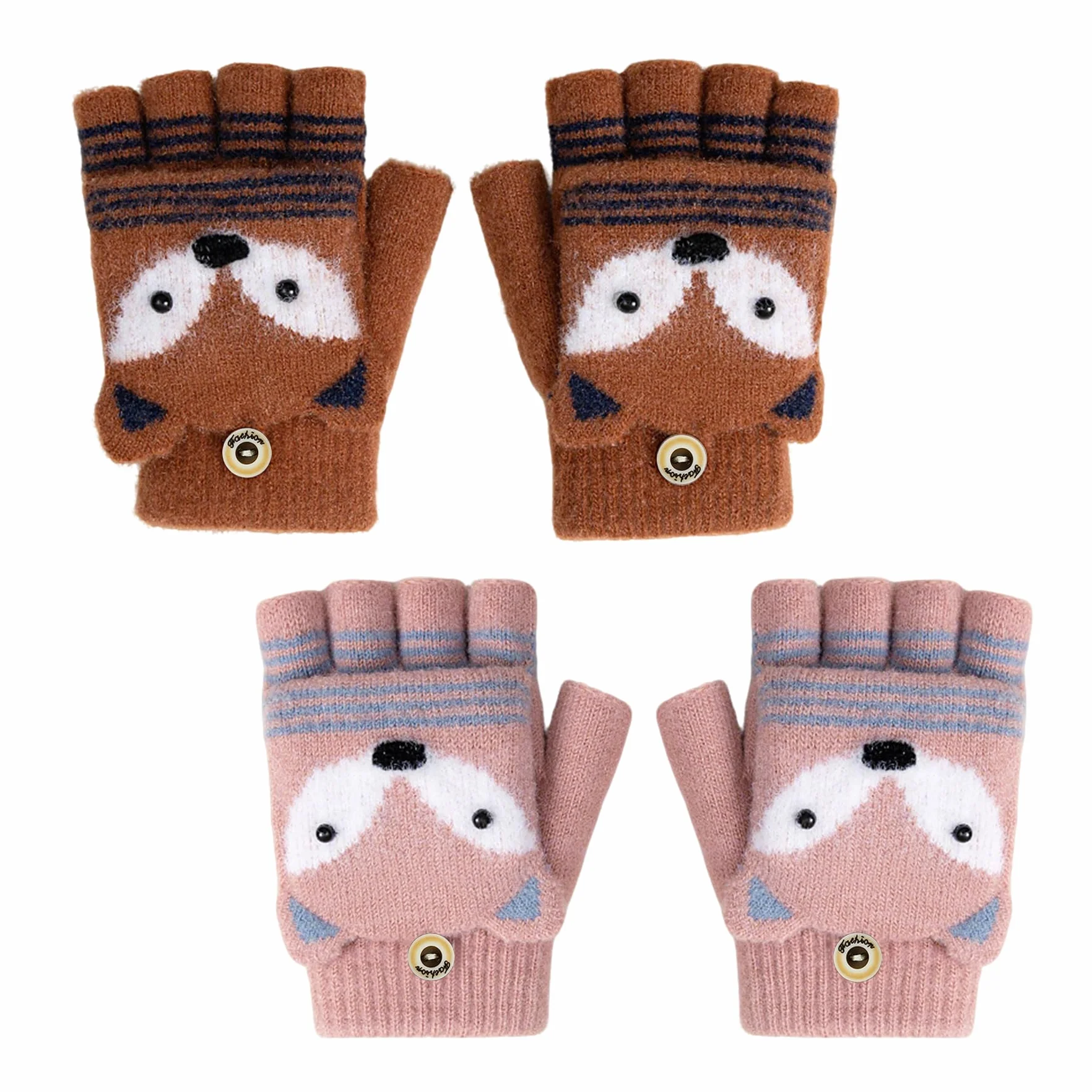 Guantes de invierno sin dedos para niños y niñas, guantes convertibles de zorro de dibujos animados, elásticos, medio dedo, 3-10 años