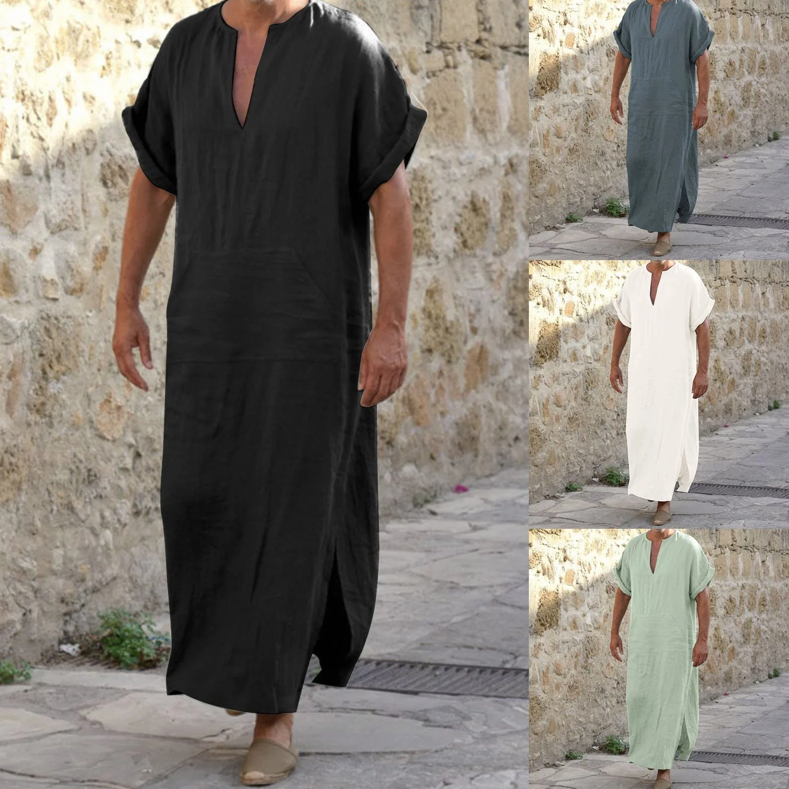 Bata musulmana para hombre caftán abaya camisas de lino algodón ropa árabe fresca jilbab túnica