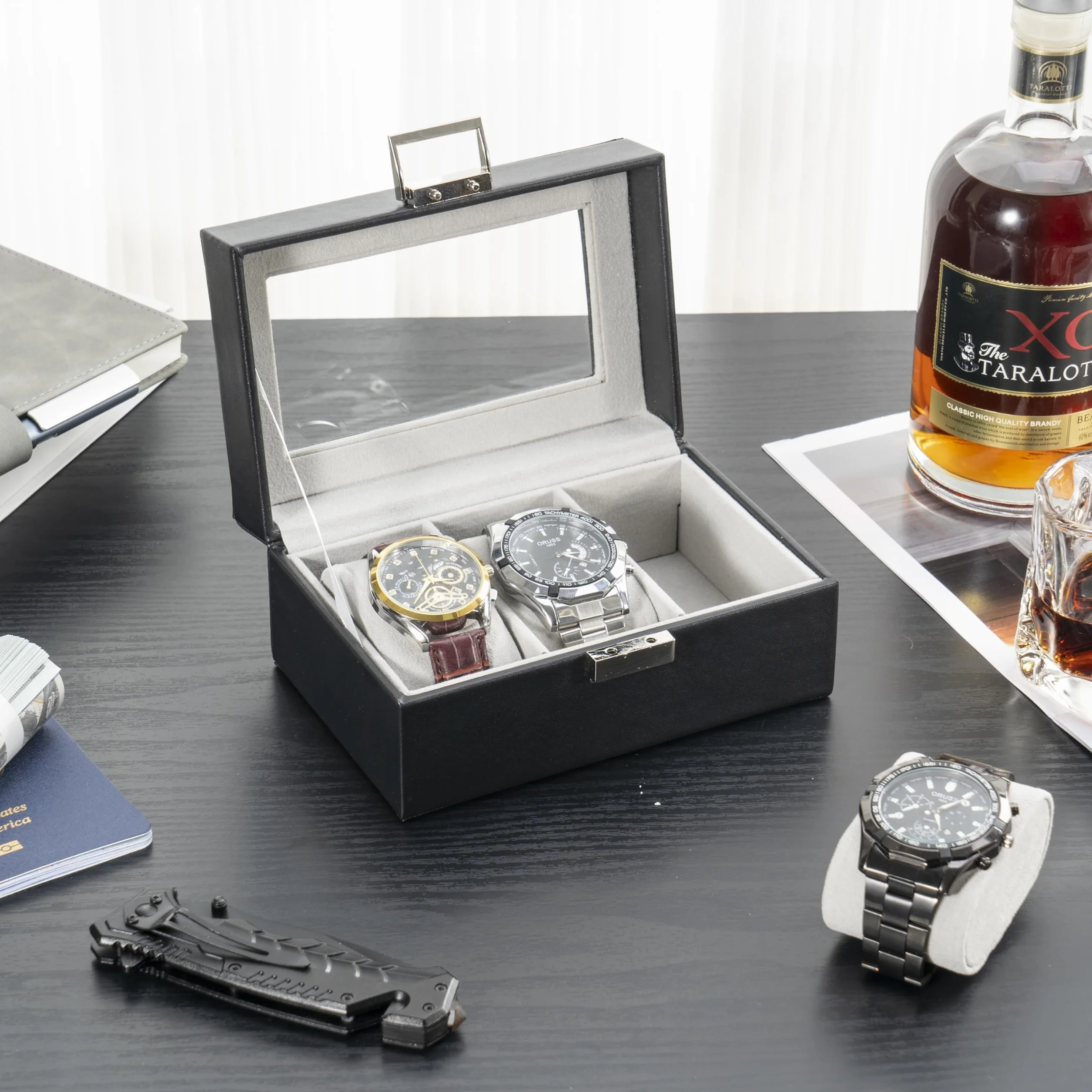 ProCase Caja de Relojes 3 Compartimentos Tapa de Cristal Cojín Extraíble Organizador Negro