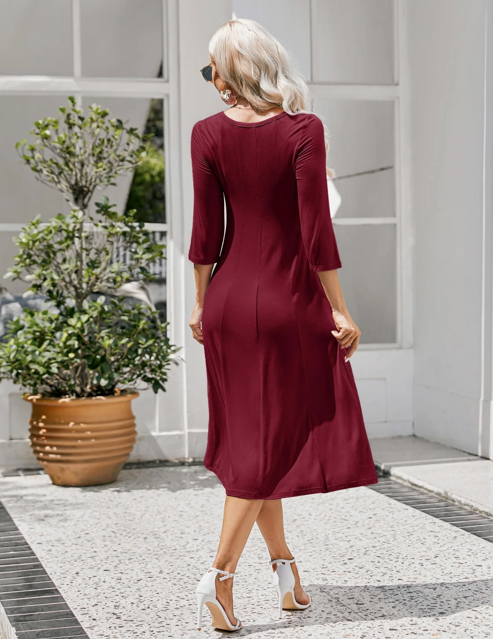 Hotouch Vestidos de verano para mujer, elegante, túnica, cuello redondo, manga 3/4, vestido de línea A, clásico, vestido midi con bolsillos, S-XXL