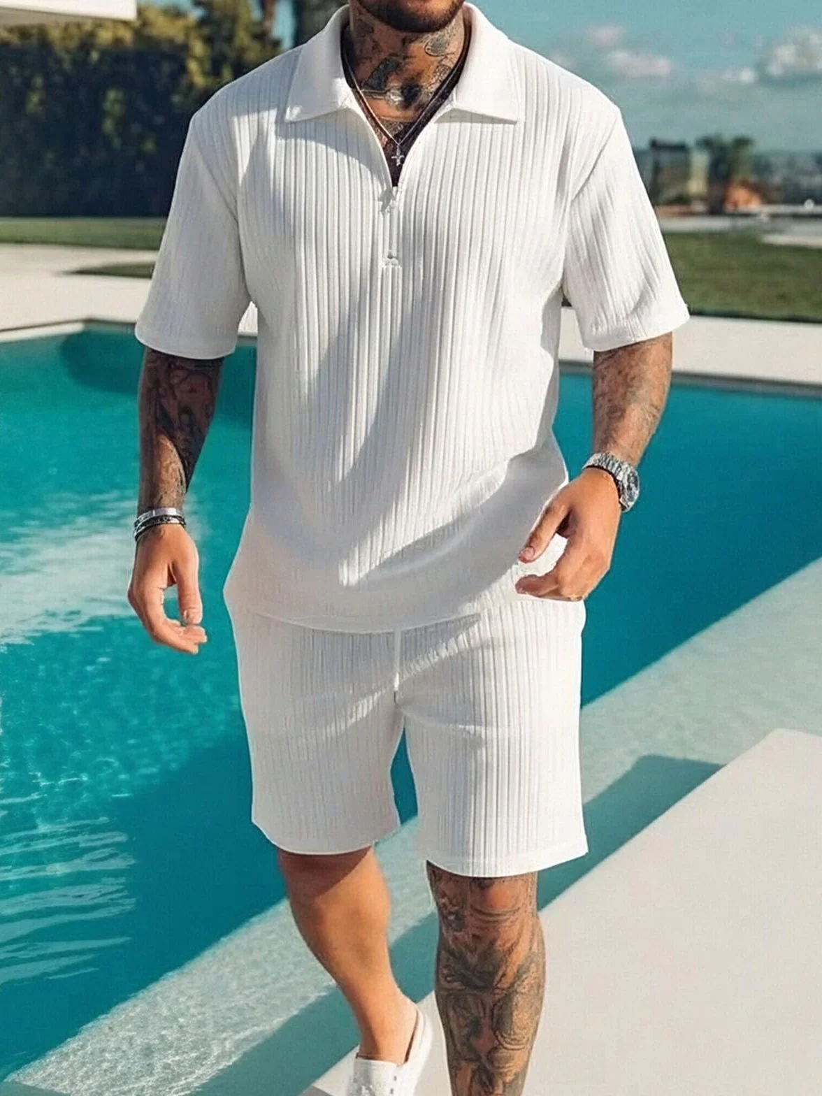 Conjunto Verano Hombre 2 Piezas Cremallera Camiseta y Pantalones Cortos Chándal con Bolsillos