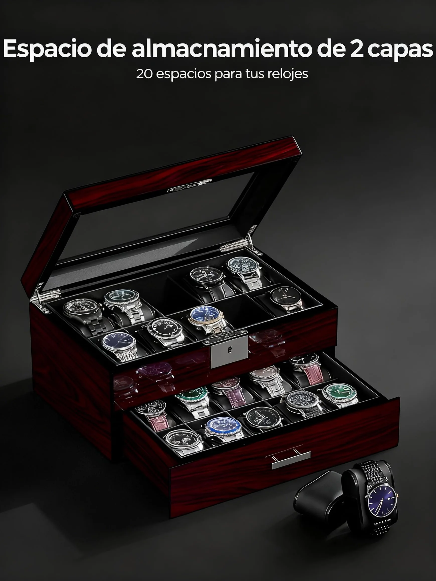 ANWBROAD Caja para Relojes 20 Compartimentos Con Cerradura Vitrina 2 Niveles JWB002Y
