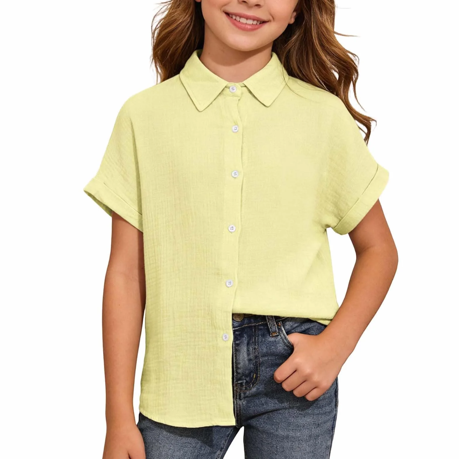Camisa con botones para niña monocolor manga corta transpirable