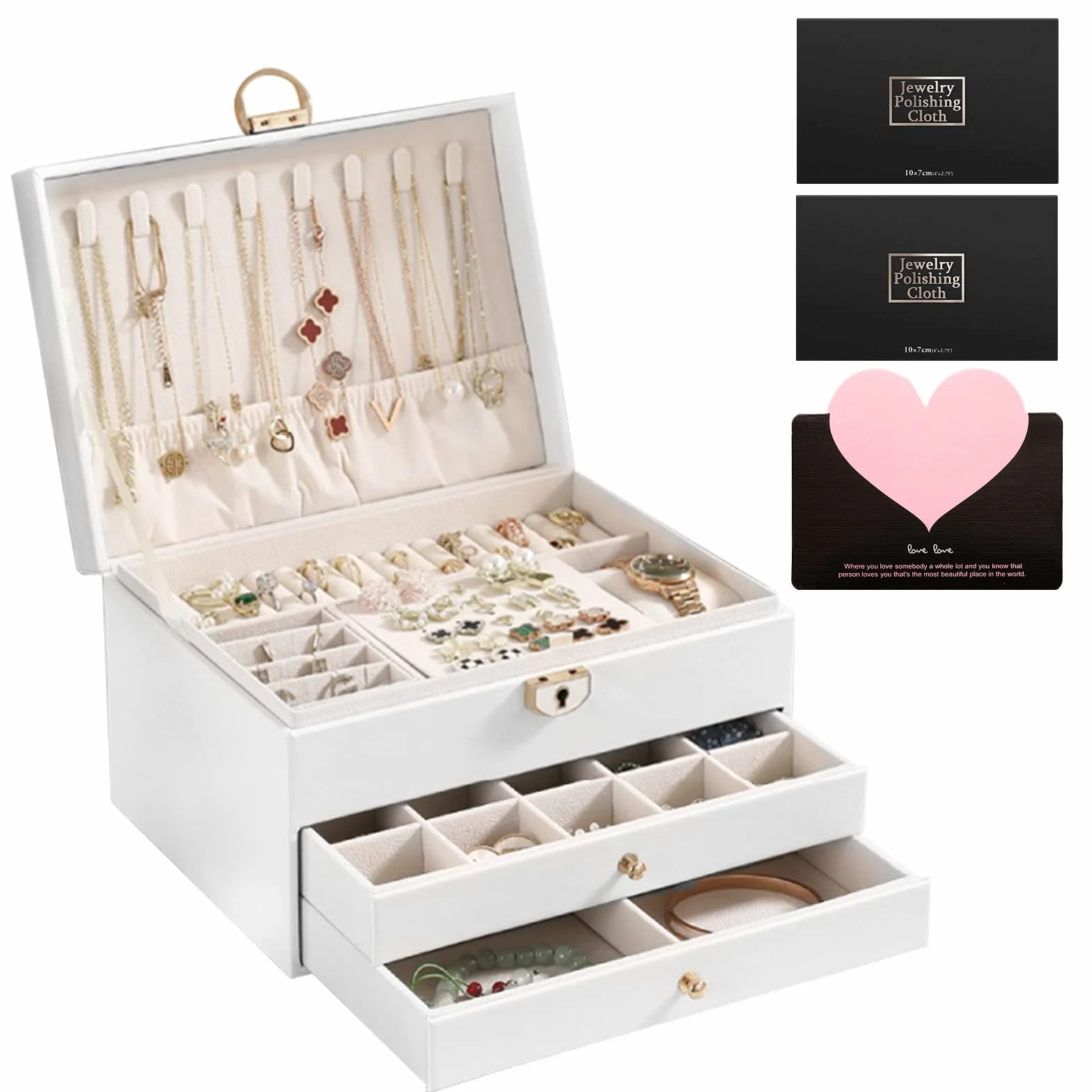 Joyero de 3 Niveles Organizador de Joyas Cuero PU Grande para Viaje Mujer Niña Blanco