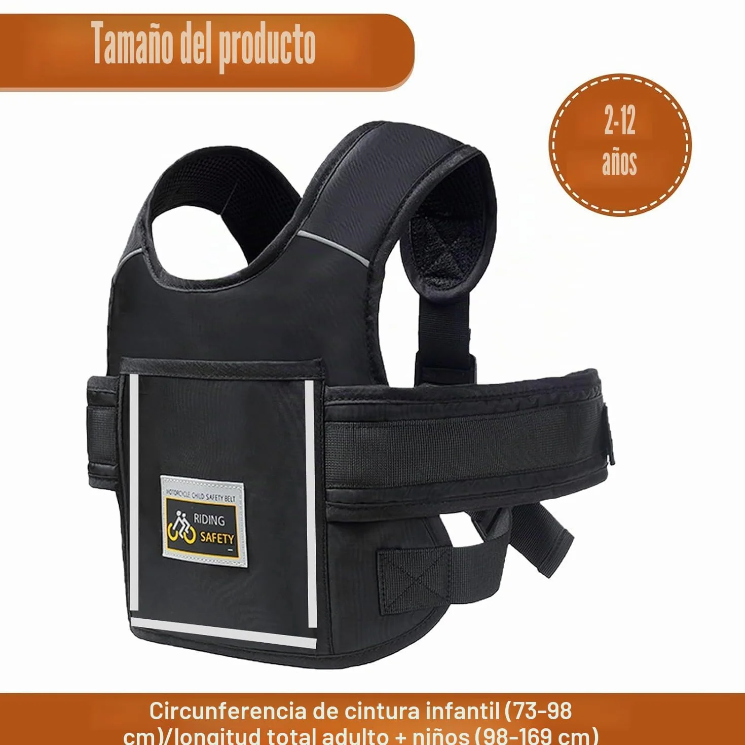 Cinturón de Moto con Bolsillo para Niños, Ajustable con Rayas Reflectantes Negro, Protección Anti-caída 1-12 Años