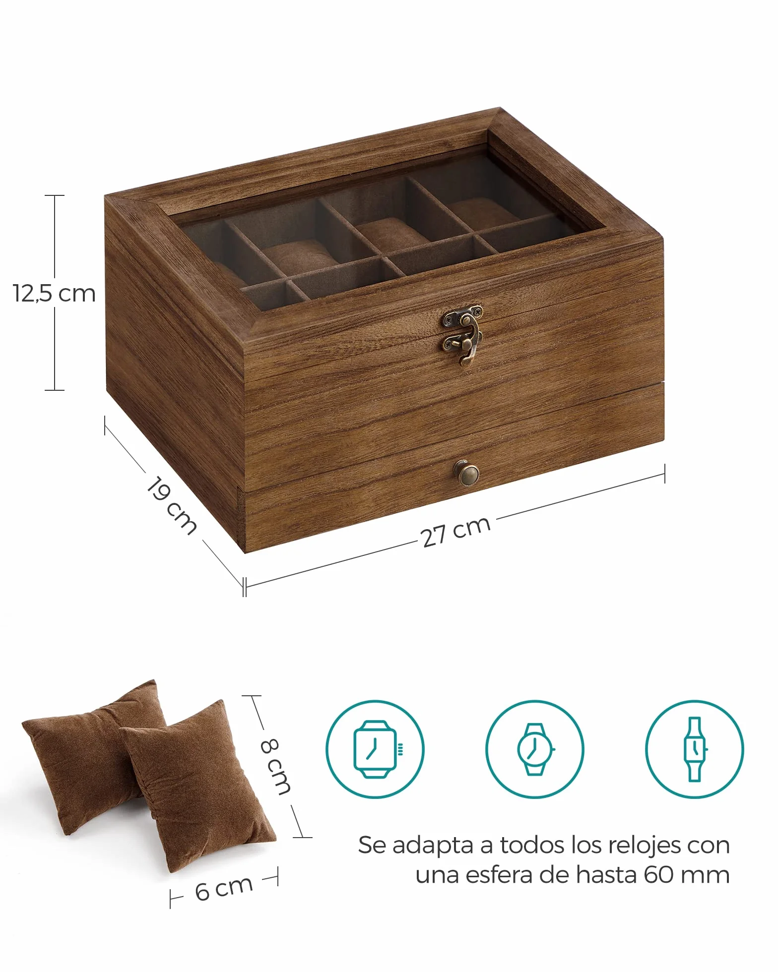 SONGMICS GISELLA Caja de Relojes 8 Ranuras Estuche Madera 2 Niveles Tapa Cristal Nogal Rústico
