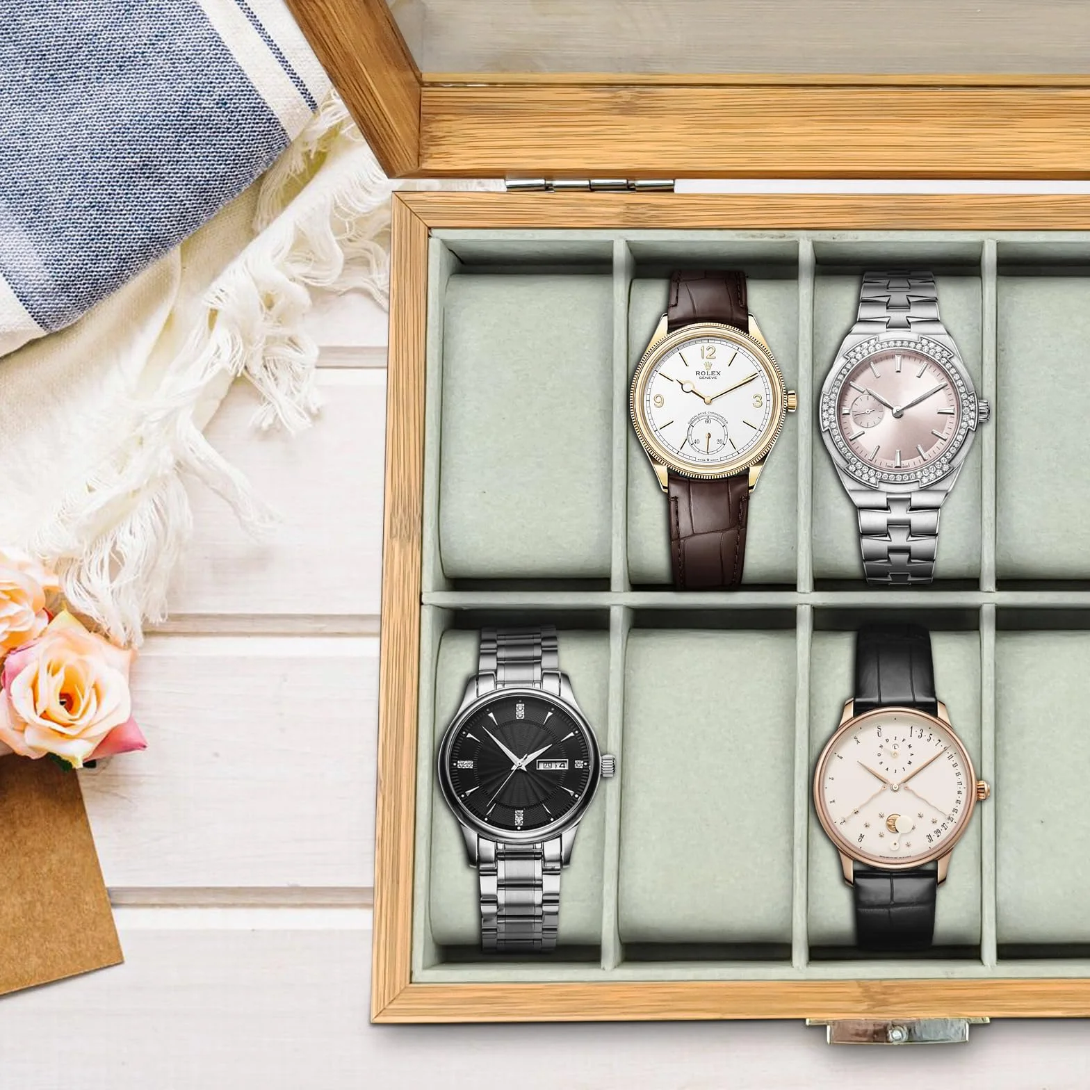 Caja Relojes de Madera con Almohada Extraíble, Estuche Relojero Organizador para Hombre 10 Ranuras