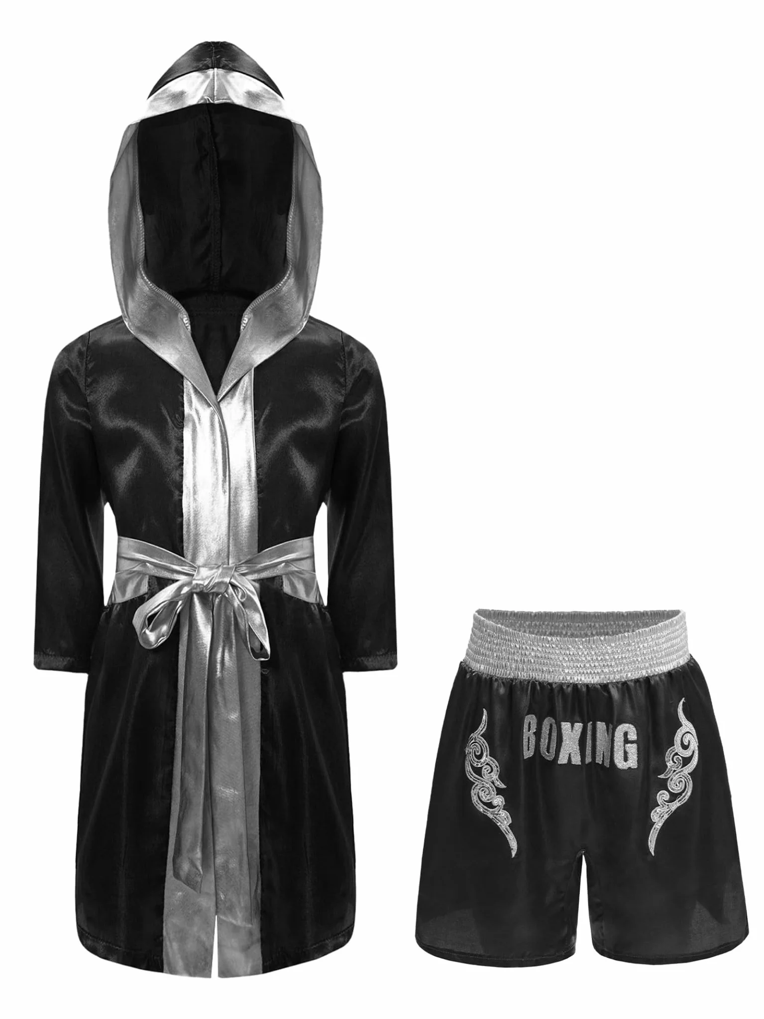 Mma Traje Niños Niño Muay Thai Bata Satén Capucha con Kick Boxshorts 2 Piezas Artes Marciales Equipo de Combate