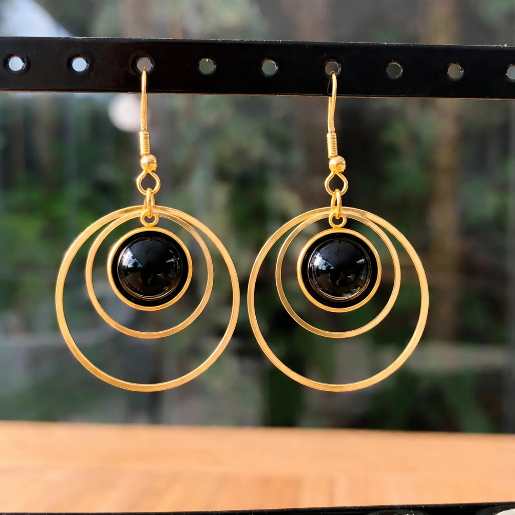 ASTER ALHELÍ Pendientes Aro Mujer Chapados en Oro con Piedra Natural Doble Aro Colgante