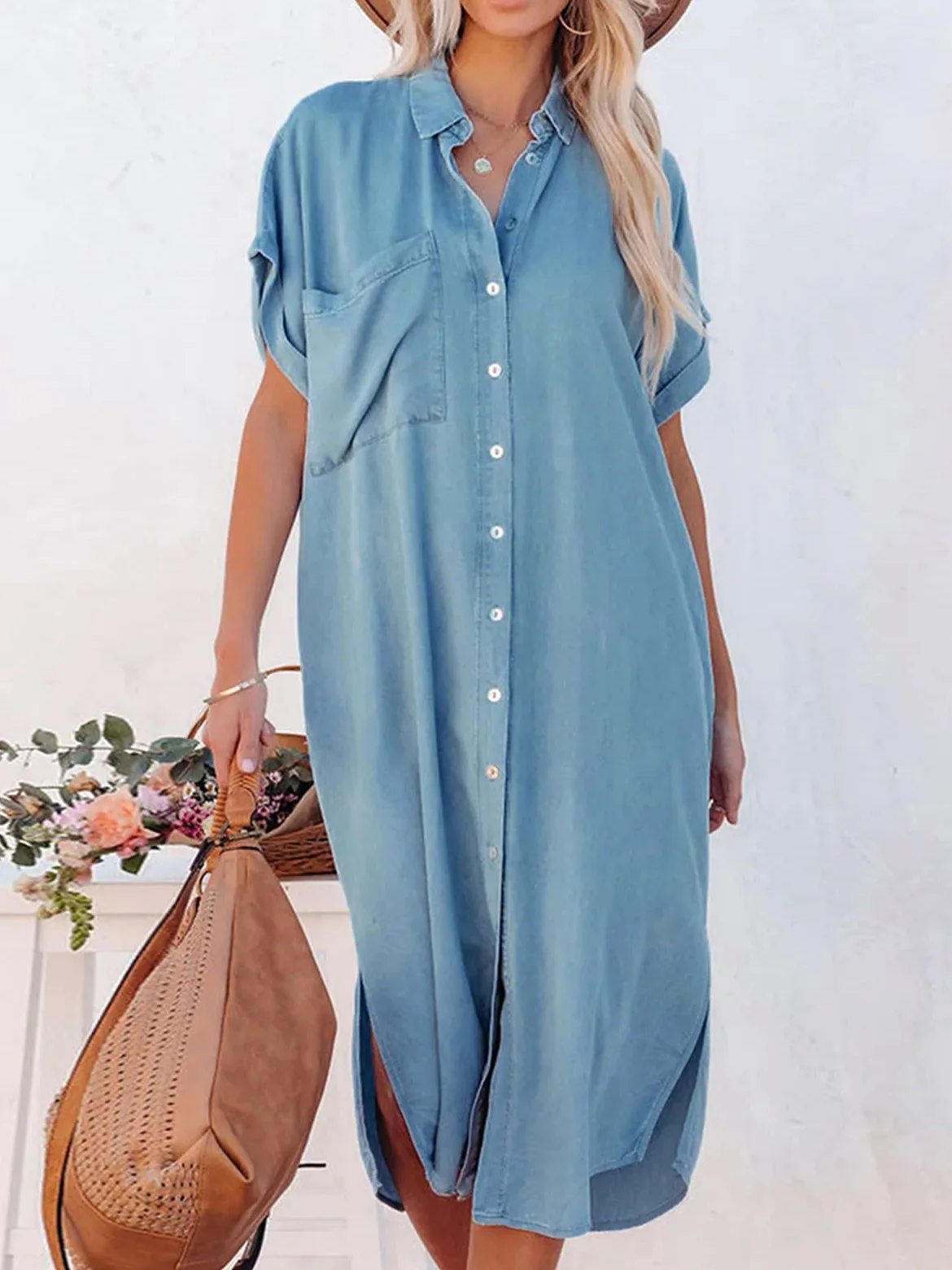 CUPSHE Vestido, Manga Acampanada, Vestido con Botones, Manga Corta, Cuello en V, Vestidos camiseros Informales para Mujer