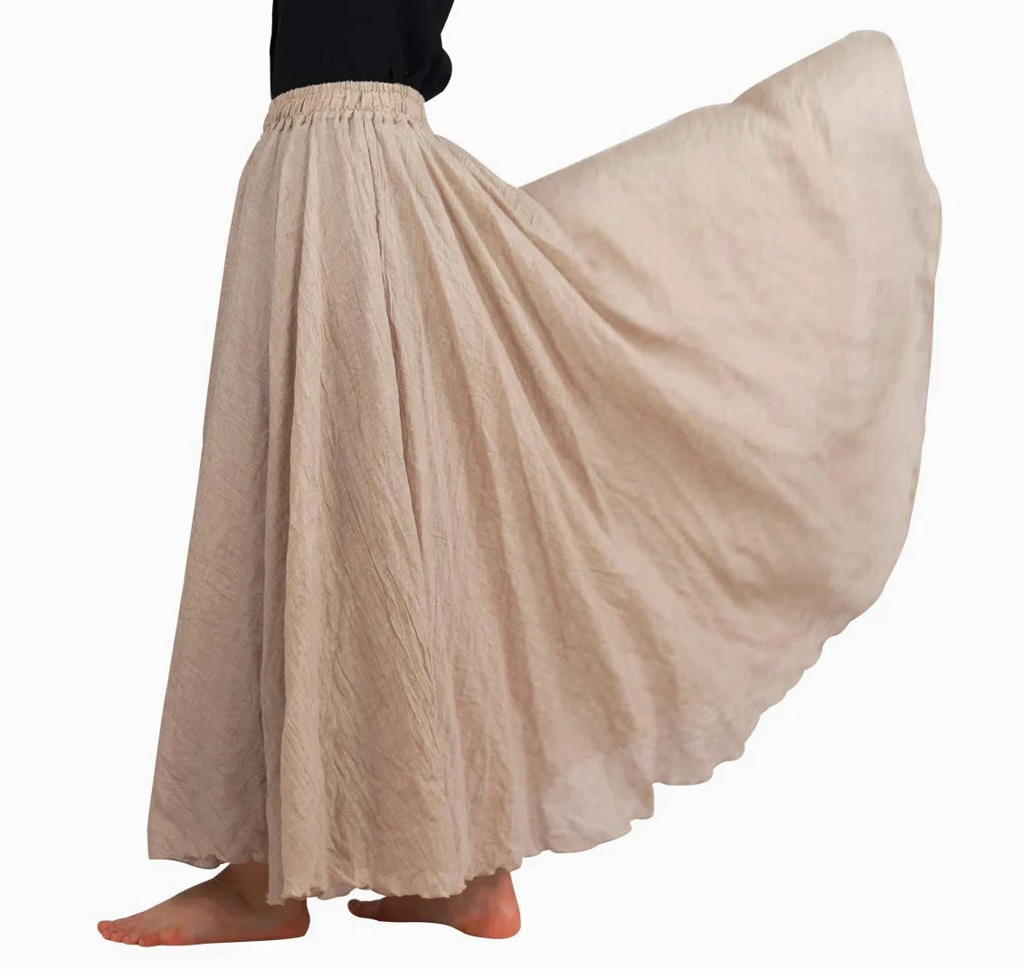 FEOYA Falda Larga Mujer Boho de Algodón y Lino Dos Capas con Corte en A y Caída Fluida 85cm/95cm