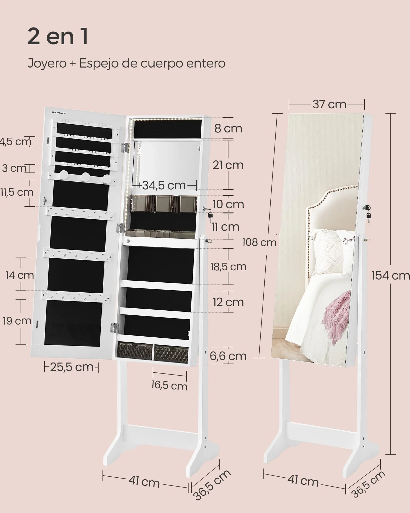 SONGMICS Armario Joyero con Espejo, Luces LED, 2 Cajones, Blanco Nube JJC023W01