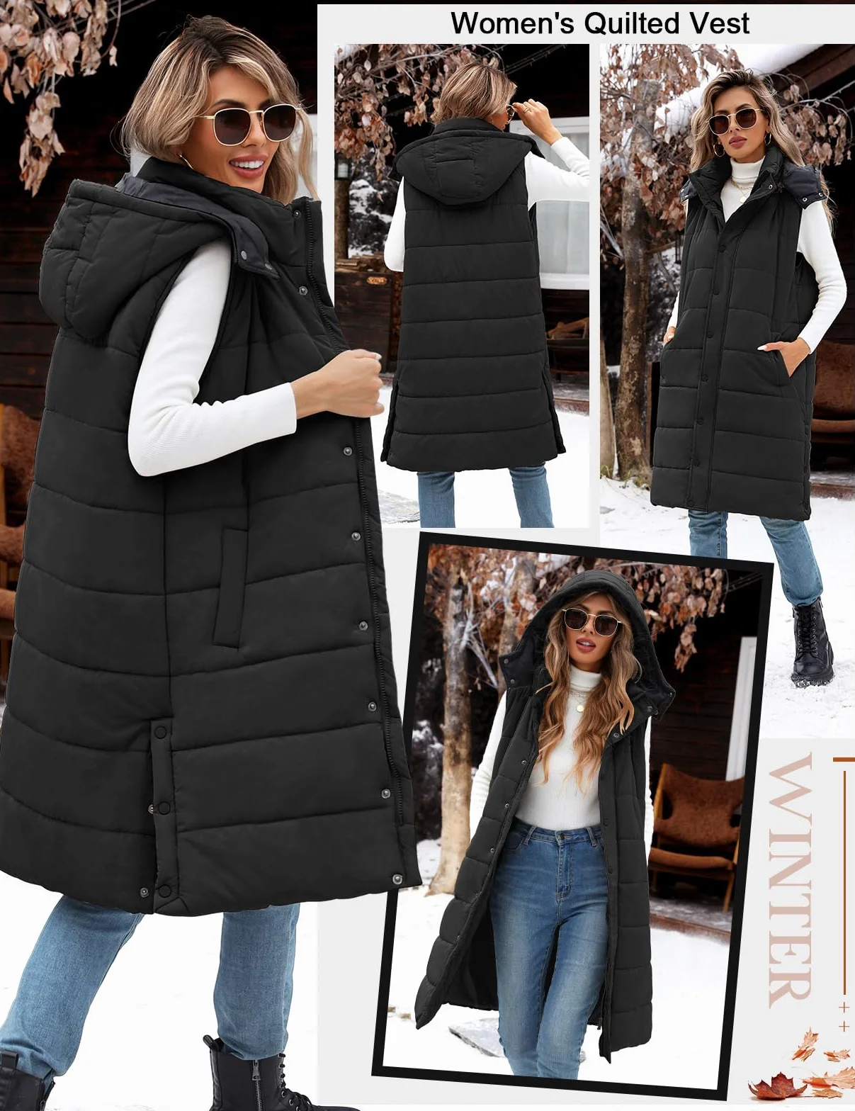 Tuopuda Chaleco Largo para Mujer de Capucha con Cremallera Chaleco Acolchado de Plumas Chaqueta de Invierno sin Mangas Abrigo de Cálidos on Bolsillos