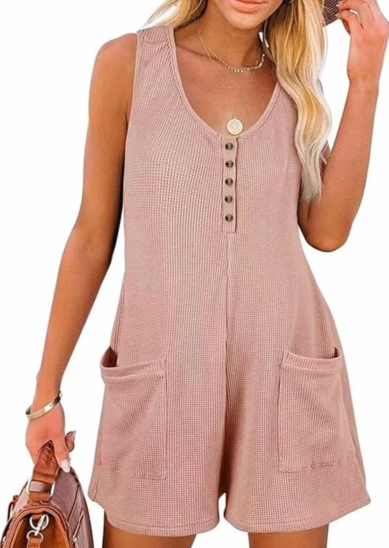 Mono Mujer Verano Sin Mangas Cuello en V Jumpsuit Corto Casual Sueltos Elegante Pierna Ancha Botones Bolsillos Playa