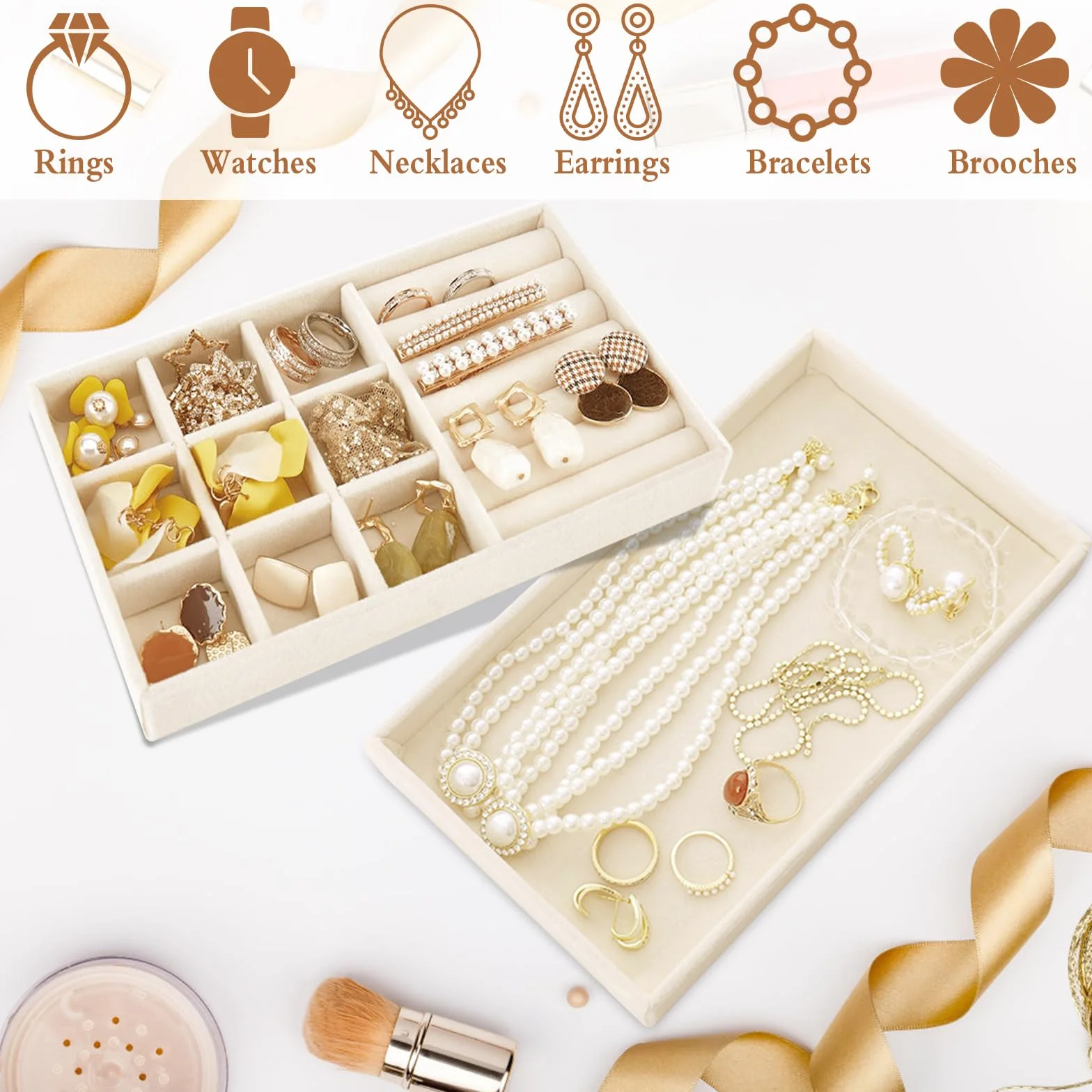 SUKARNE 6 bandejas para joyas, terciopelo para cajones, organizador de joyas apilable, cajón de almacenamiento para pendientes, anillos, pulseras, broches, collares (beige)
