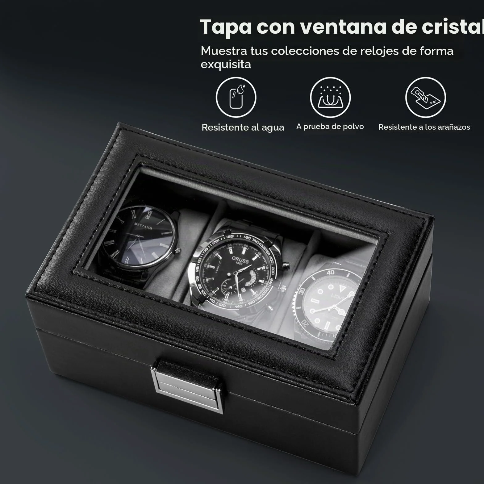 ProCase Caja de Relojes 3 Compartimentos Tapa de Cristal Cojín Extraíble Organizador Negro