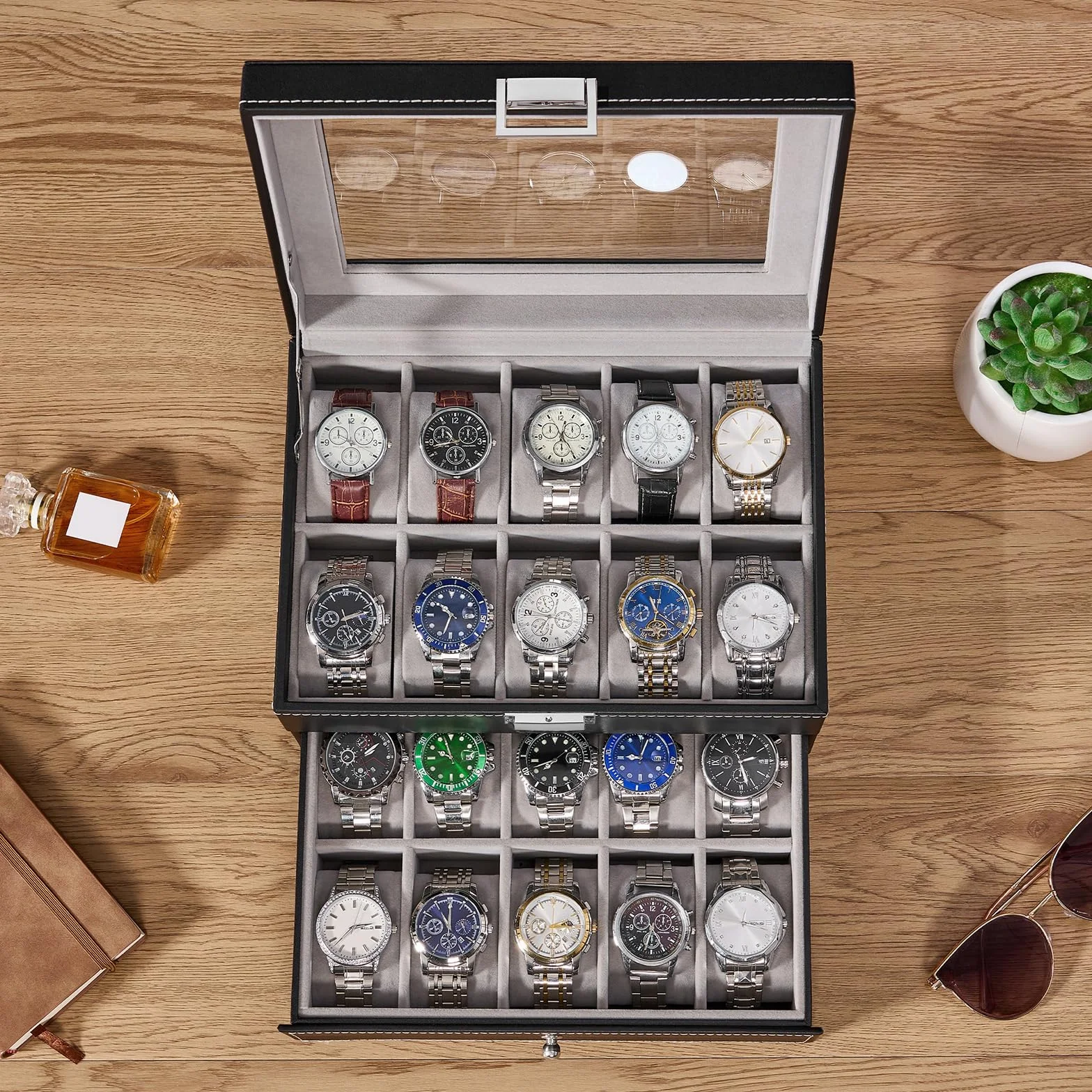 BEWISHOME Caja de Relojes 20 Compartimentos Estuche Tapa Cristal Negro ESSH04B