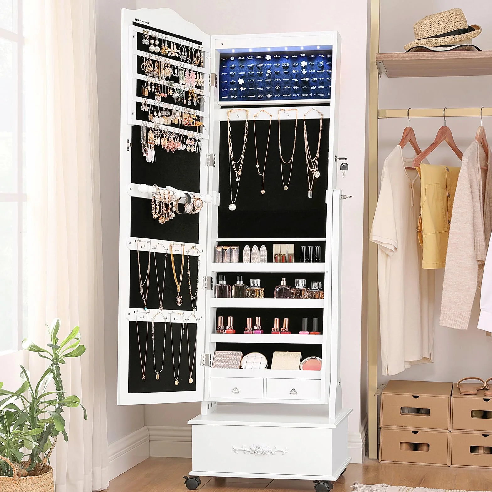 SONGMICS Armario Joyería Ruedas Organizador Joyas Cerradura Luces LED 3 Cajones Espejo Blanco JBC61W