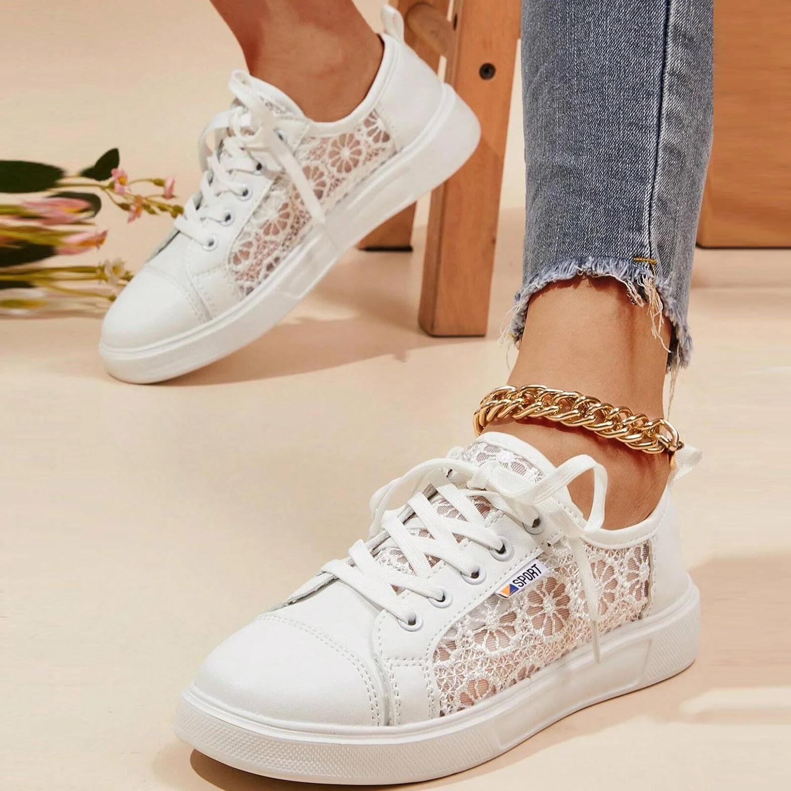 Zapatillas de mujer con flores de encaje zapatos casuales transpirables elegantes con cordones deportivas ligeras planas