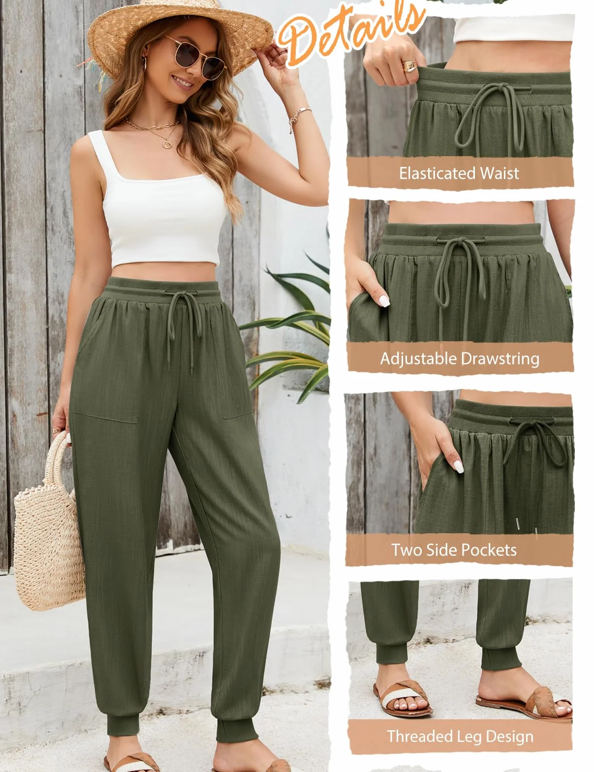 Yuson Pantalones Mujer Verano Lino Palazzo Cintura Alta Rectos Cómodos Bolsillos Cordón