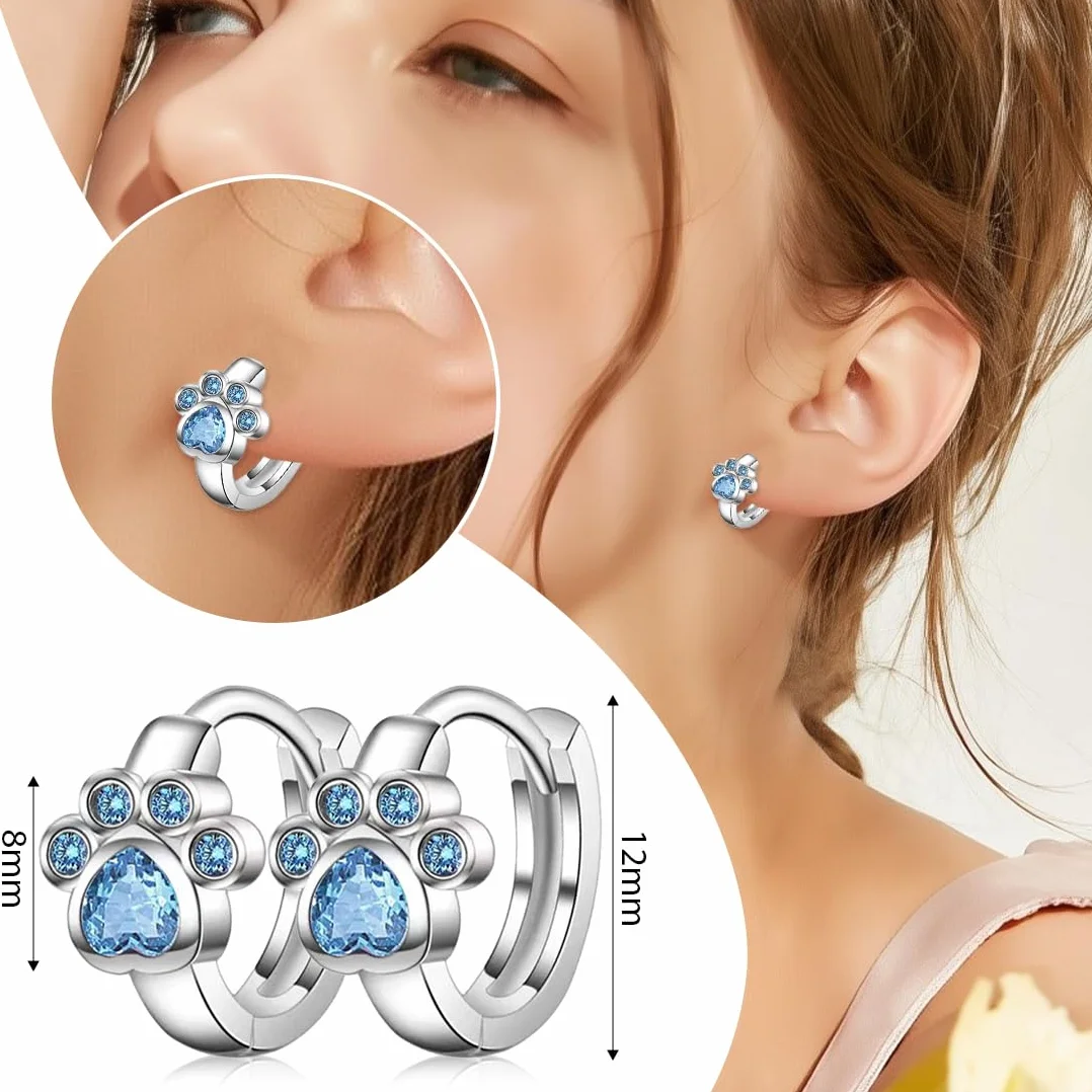 Aretes de pata de gatos con diseño huella Cristal Circonita, Joyería Elegante para niña, Azul Brillante