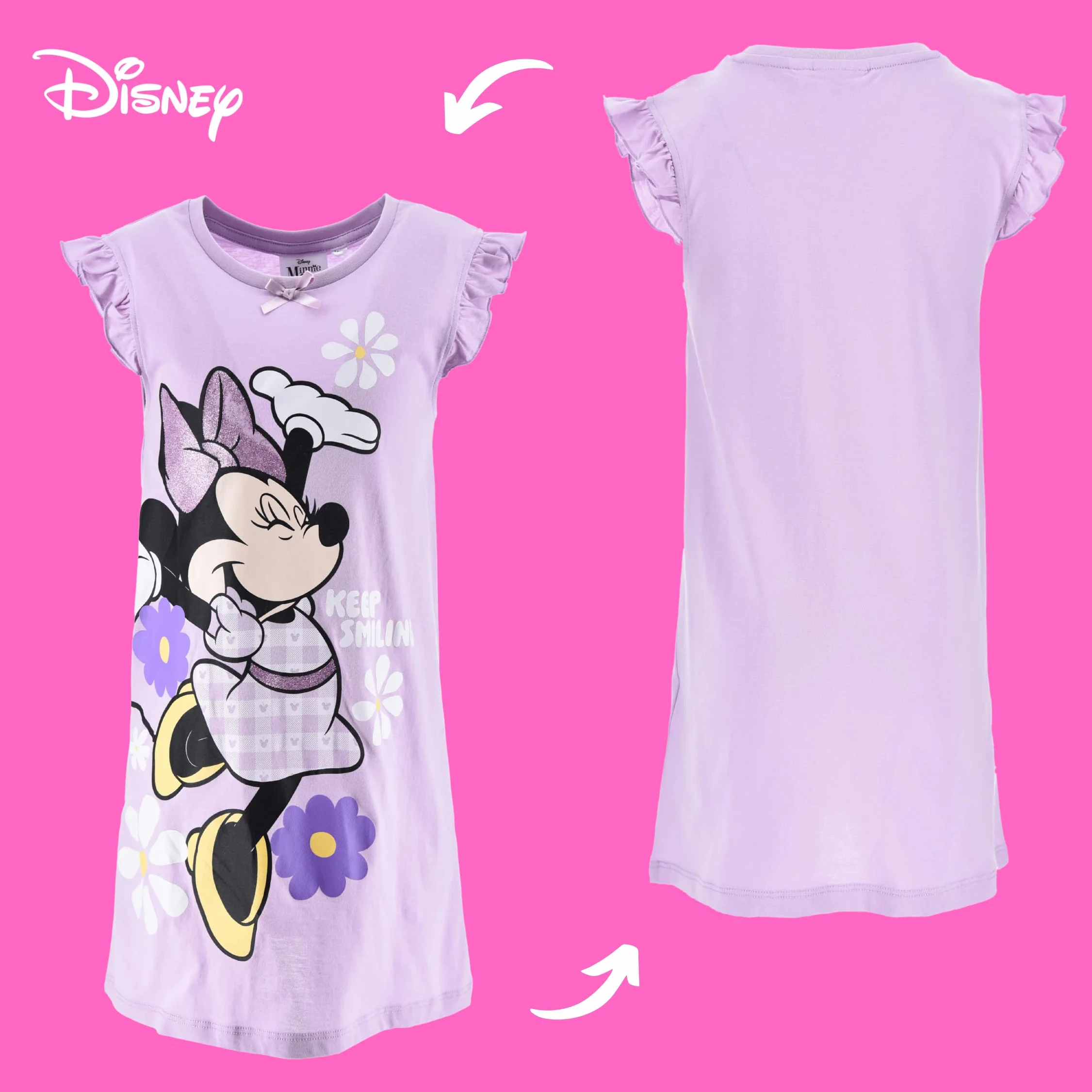 Disney Minnie Mouse Camison Algodon Suave Gingham Vestido Manga Corta para Niña Tallas 3-8 Años