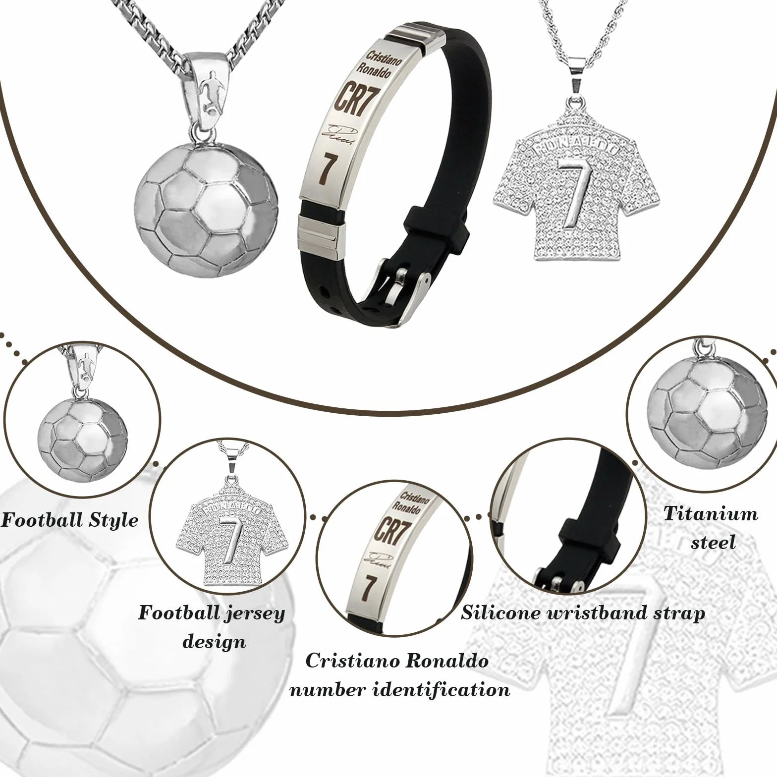 Collar de Fútbol Número 7 Ajustable Plata para Niños - Pulsera de Fútbol Regalo