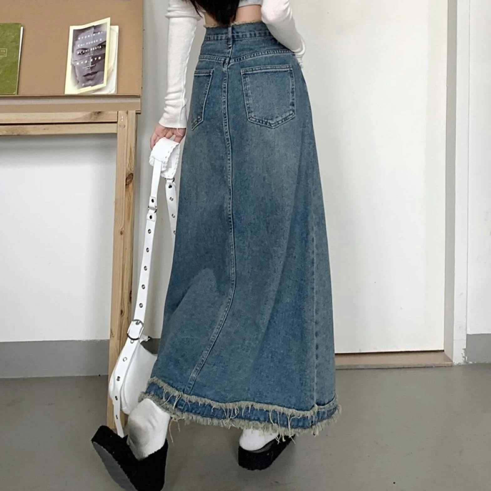 Falda Larga Vintage Azul Mujer Otoño Invierno Cintura Alta Paraguas Borde Crudo Vaquera Y2K