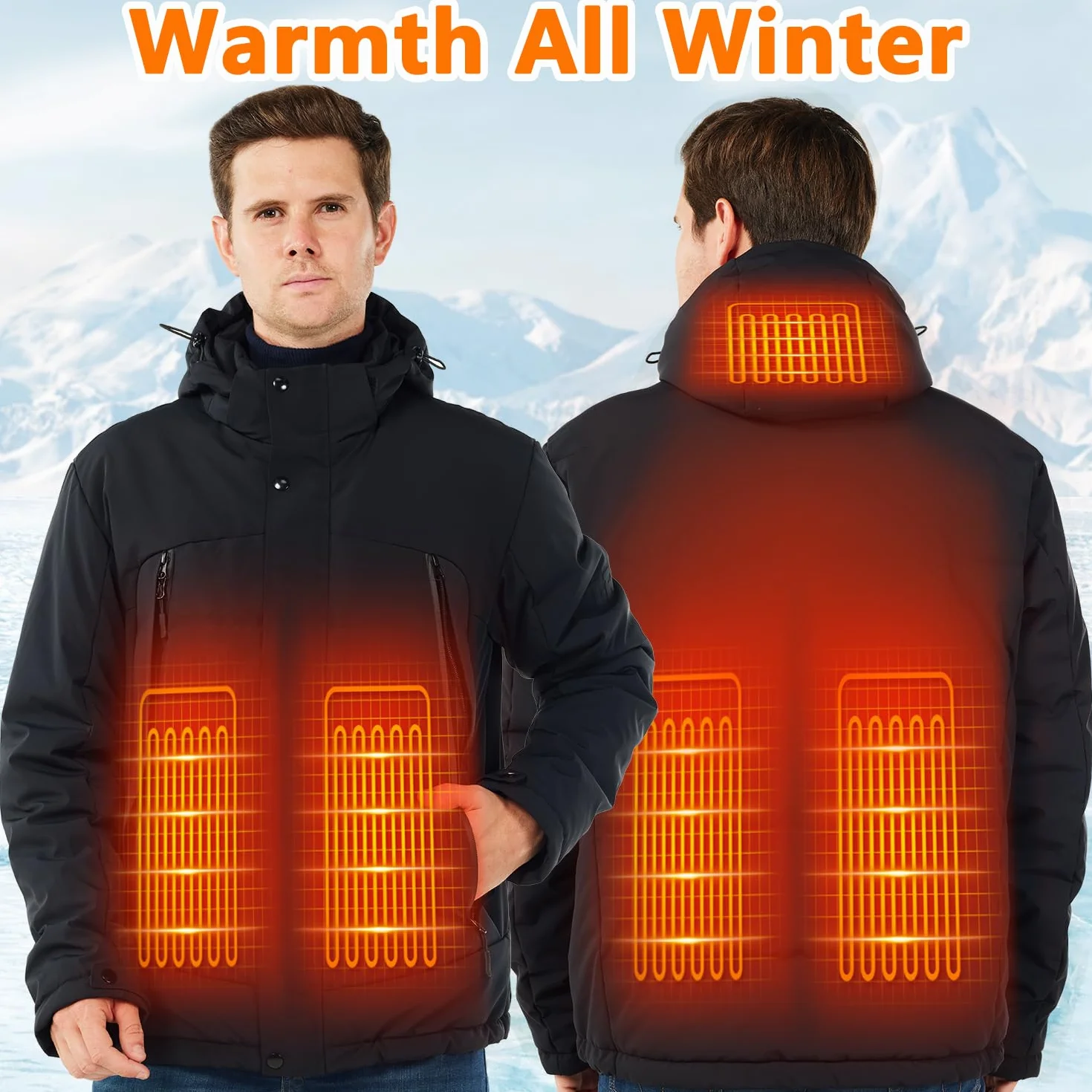 Chaqueta Calefactable Impermeable con Capucha para Hombre y Mujer Esquí Motocicleta S Negro